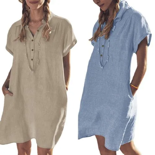 2022 Foreign Trade European And American New Cotton Linen Shirt Dress Pocket Dress Beach Dress Casual Skirt