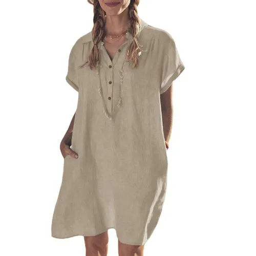 2022 Foreign Trade European And American New Cotton Linen Shirt Dress Pocket Dress Beach Dress Casual Skirt