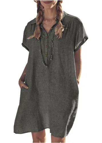 2022 Foreign Trade European And American New Cotton Linen Shirt Dress Pocket Dress Beach Dress Casual Skirt