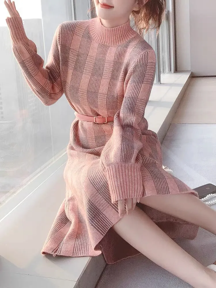 2023 autumn and winter new popular slimming retro plaid with coat inner sweater knitted long skirt dress for women (B1414)