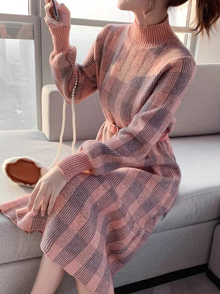 2023 autumn and winter new popular slimming retro plaid with coat inner sweater knitted long skirt dress for women (B1414)