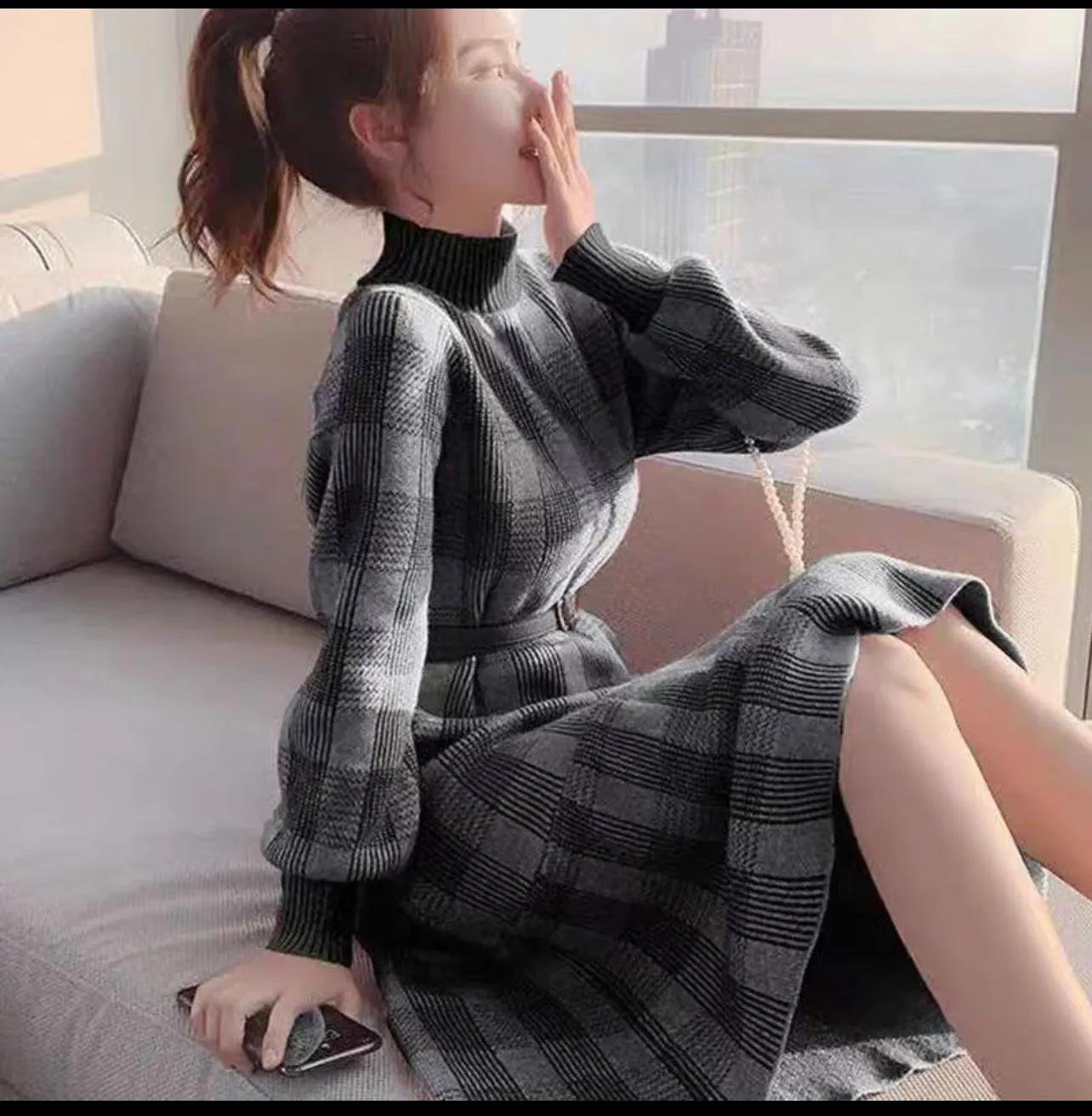 2023 autumn and winter new popular slimming retro plaid with coat inner sweater knitted long skirt dress for women (B1414)