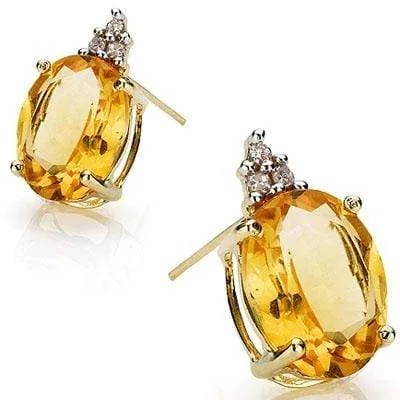 AMAZING 3.15 CT CITRINE & 6 PCS GENUINE DIAMOND 10K SOLID YELLOW GOLD EARRINGS