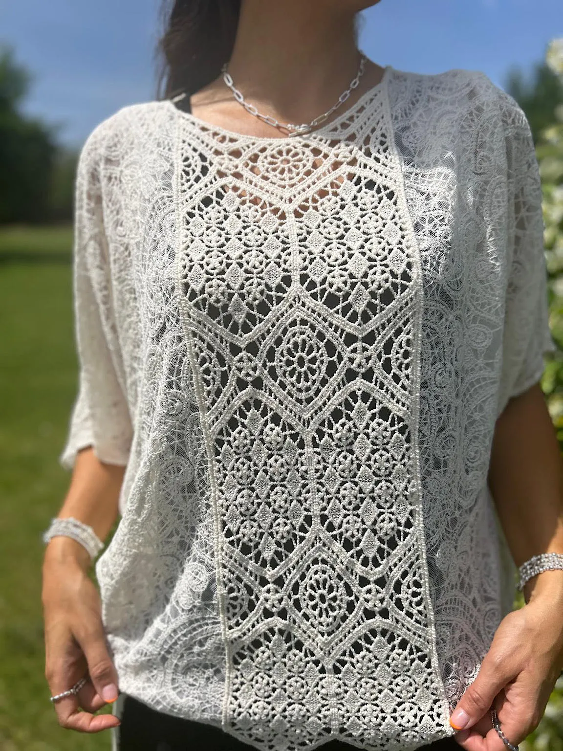 Antique Cream Fine Mesh Panel Crochet Top Gina