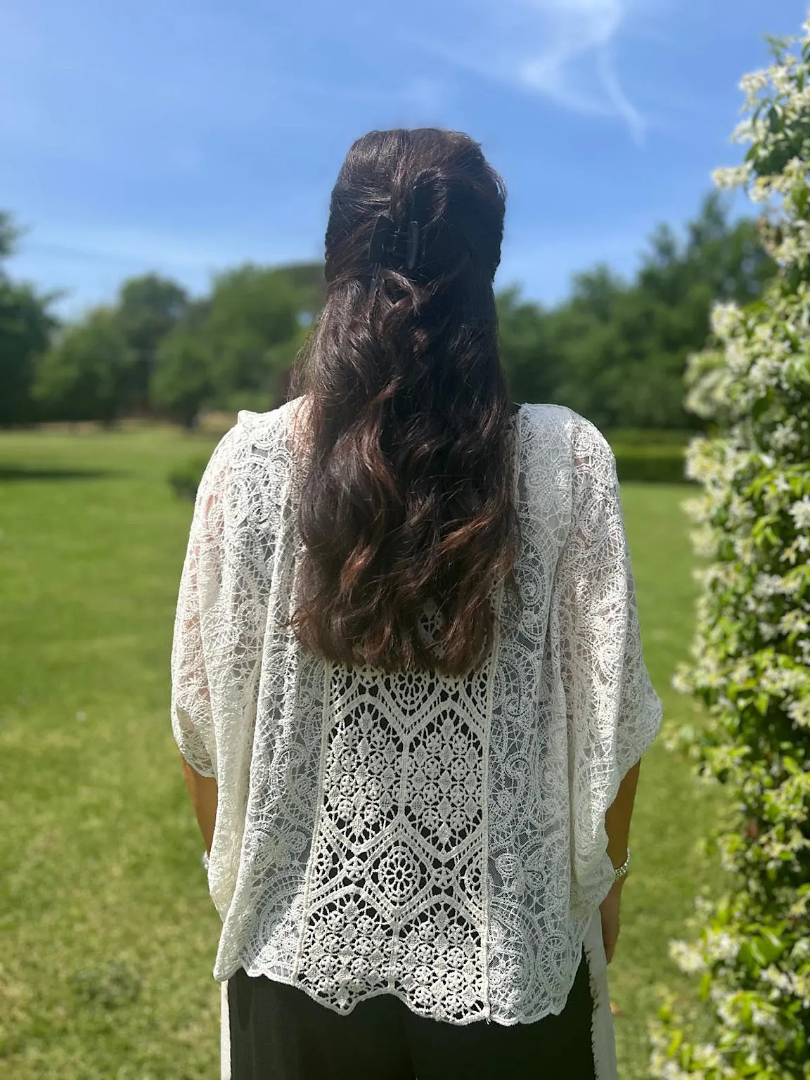 Antique Cream Fine Mesh Panel Crochet Top Gina