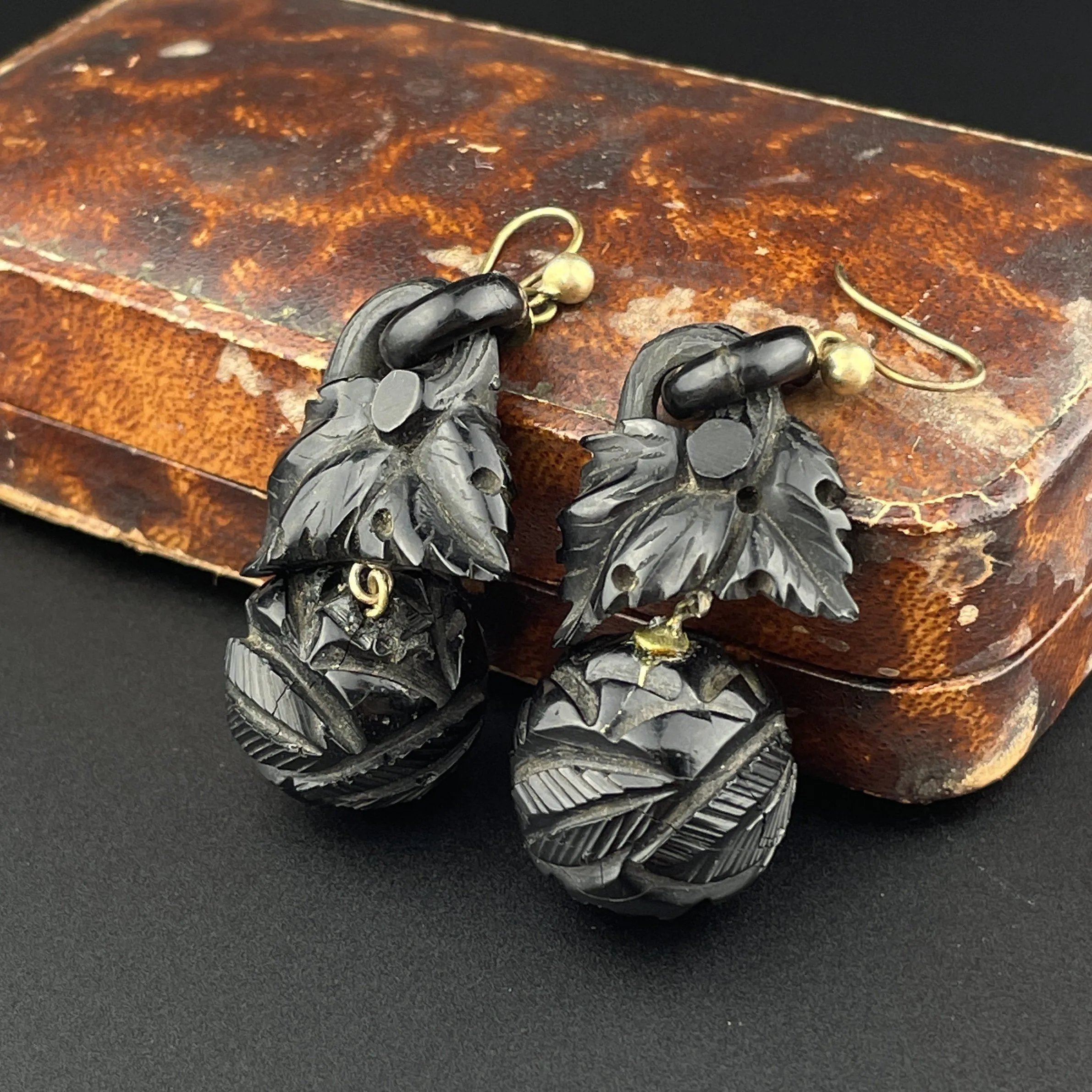 Antique Victorian Carved Whitby Jet Statement Earrings