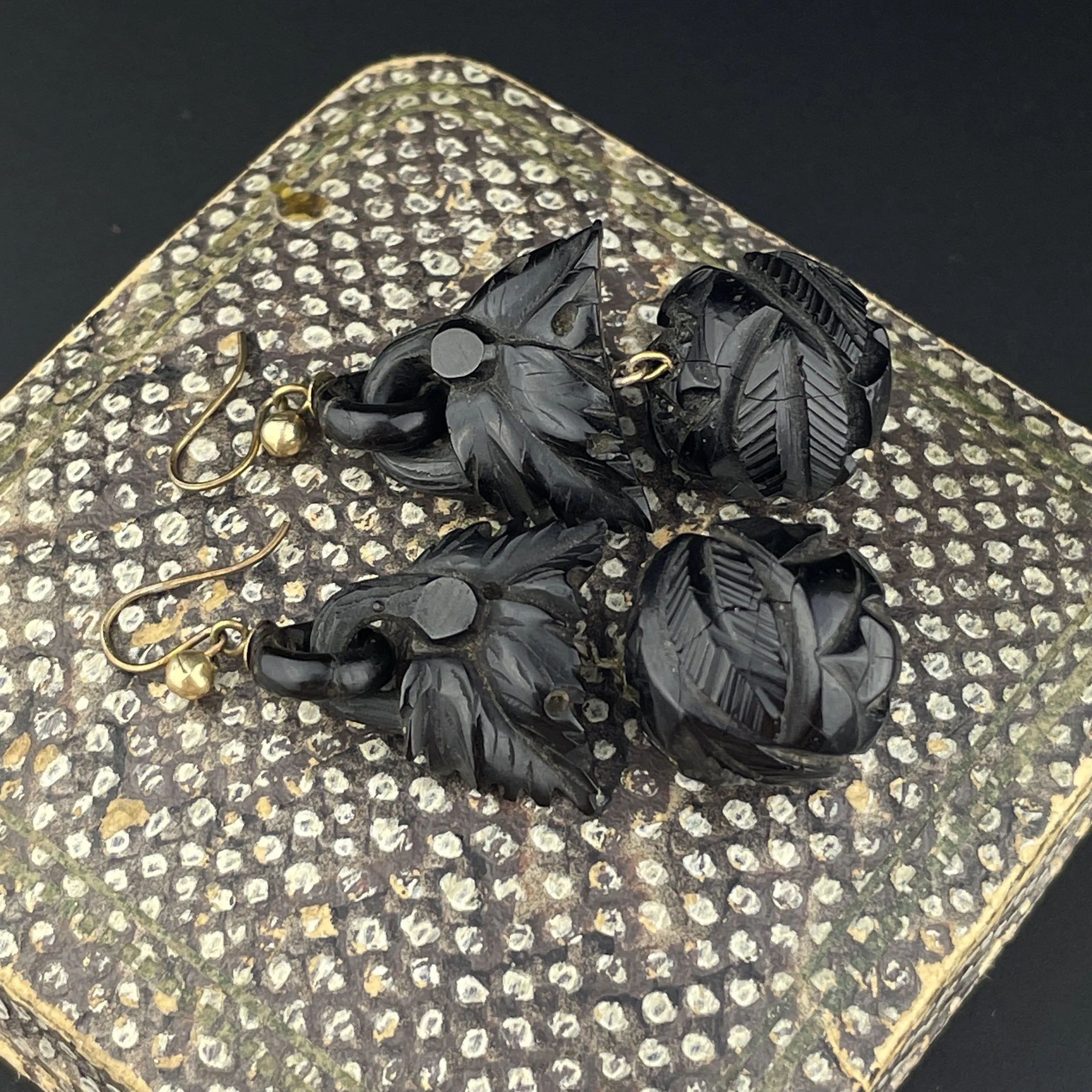 Antique Victorian Carved Whitby Jet Statement Earrings