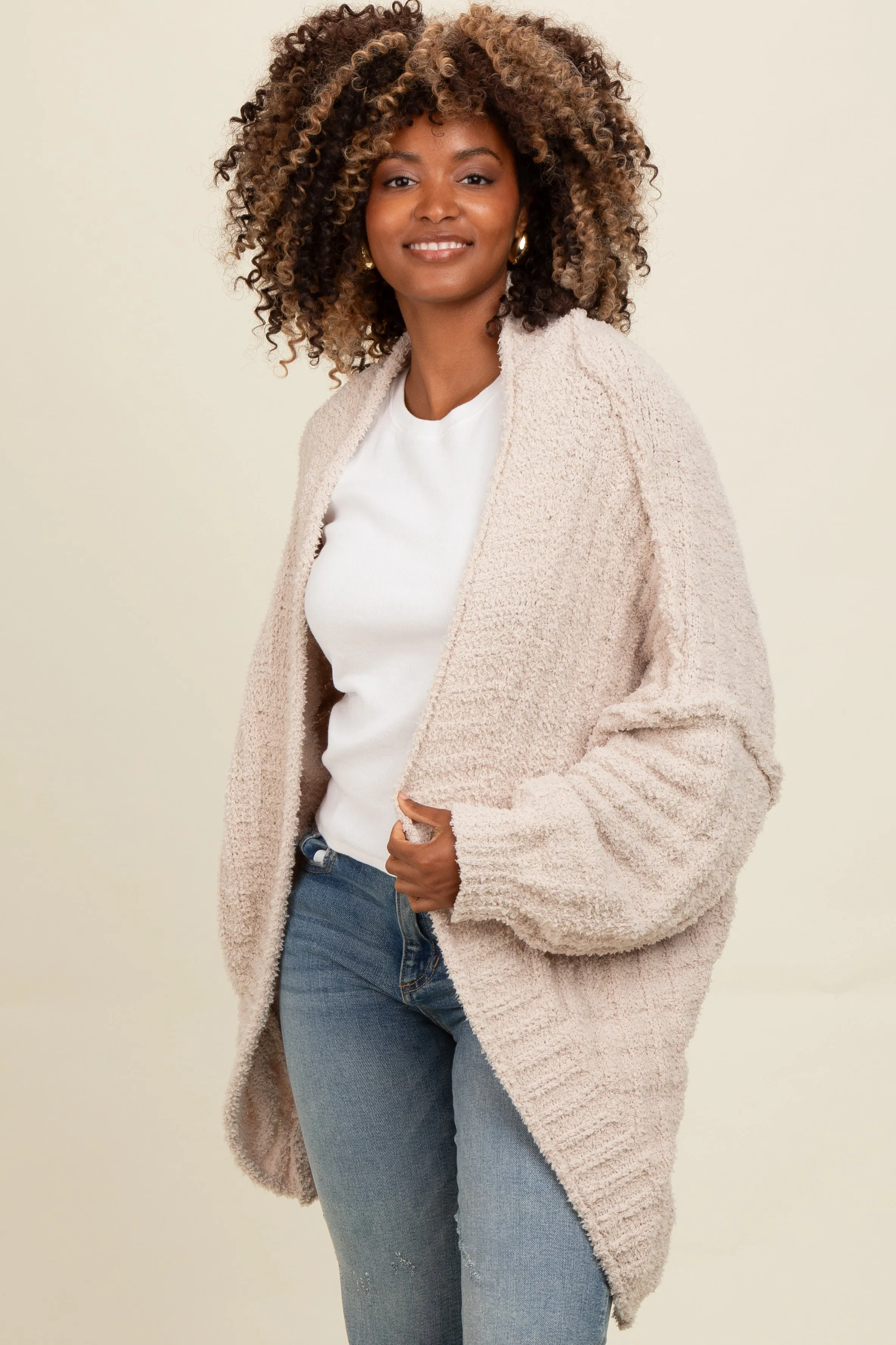 Beige Chunky Knit Dolman Cardigan