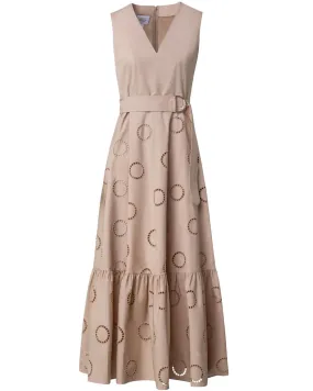 Beige Eyelet Sleeveless Belted Midi Dress