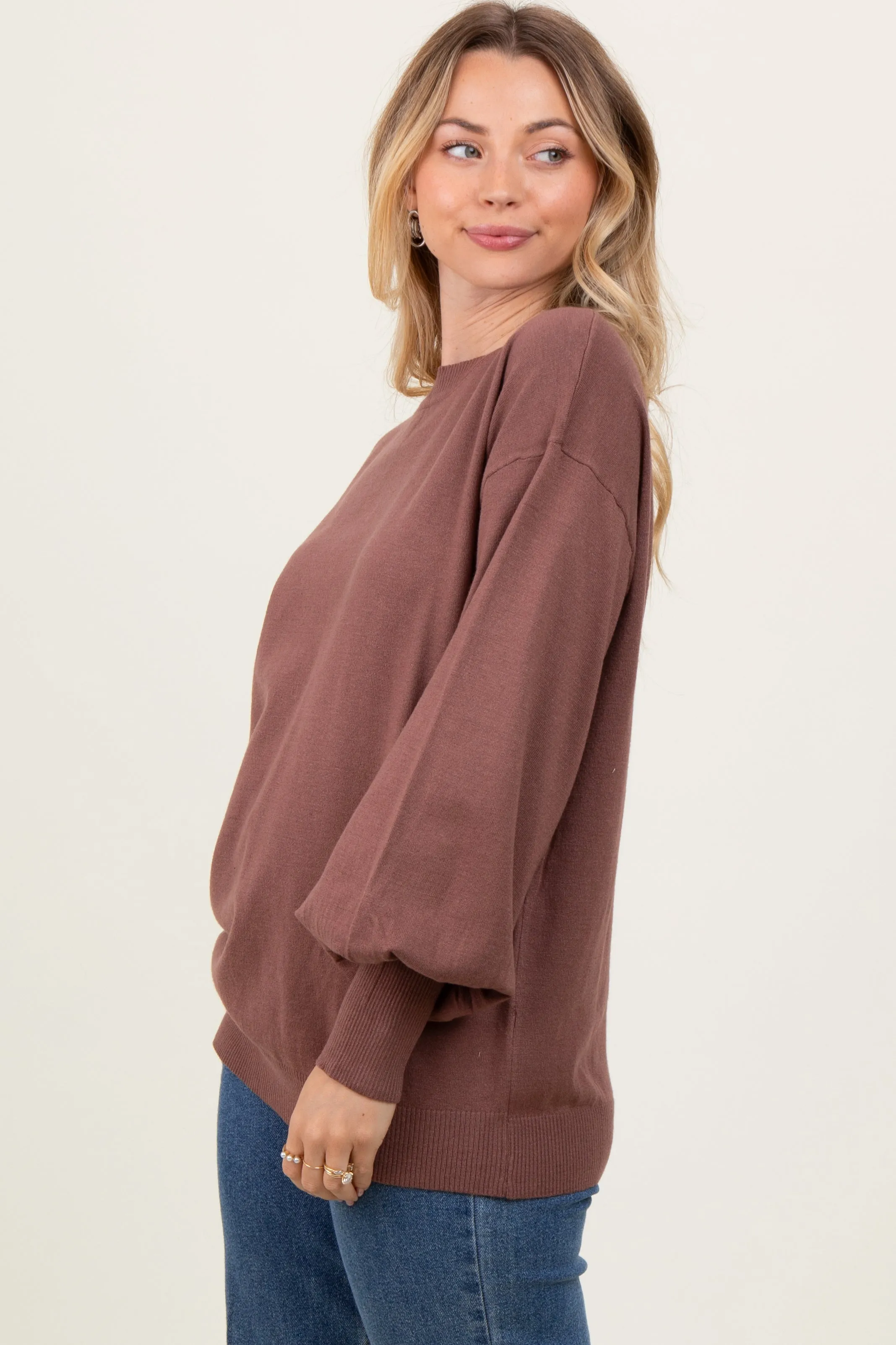 Brown Fine Knit Balloon Sleeve Sweater