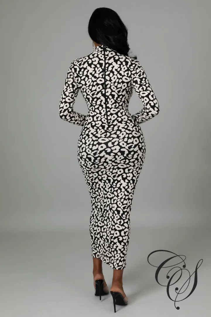 Cami Monochrome Leopard Print Long Sleeve Bodycon Dress