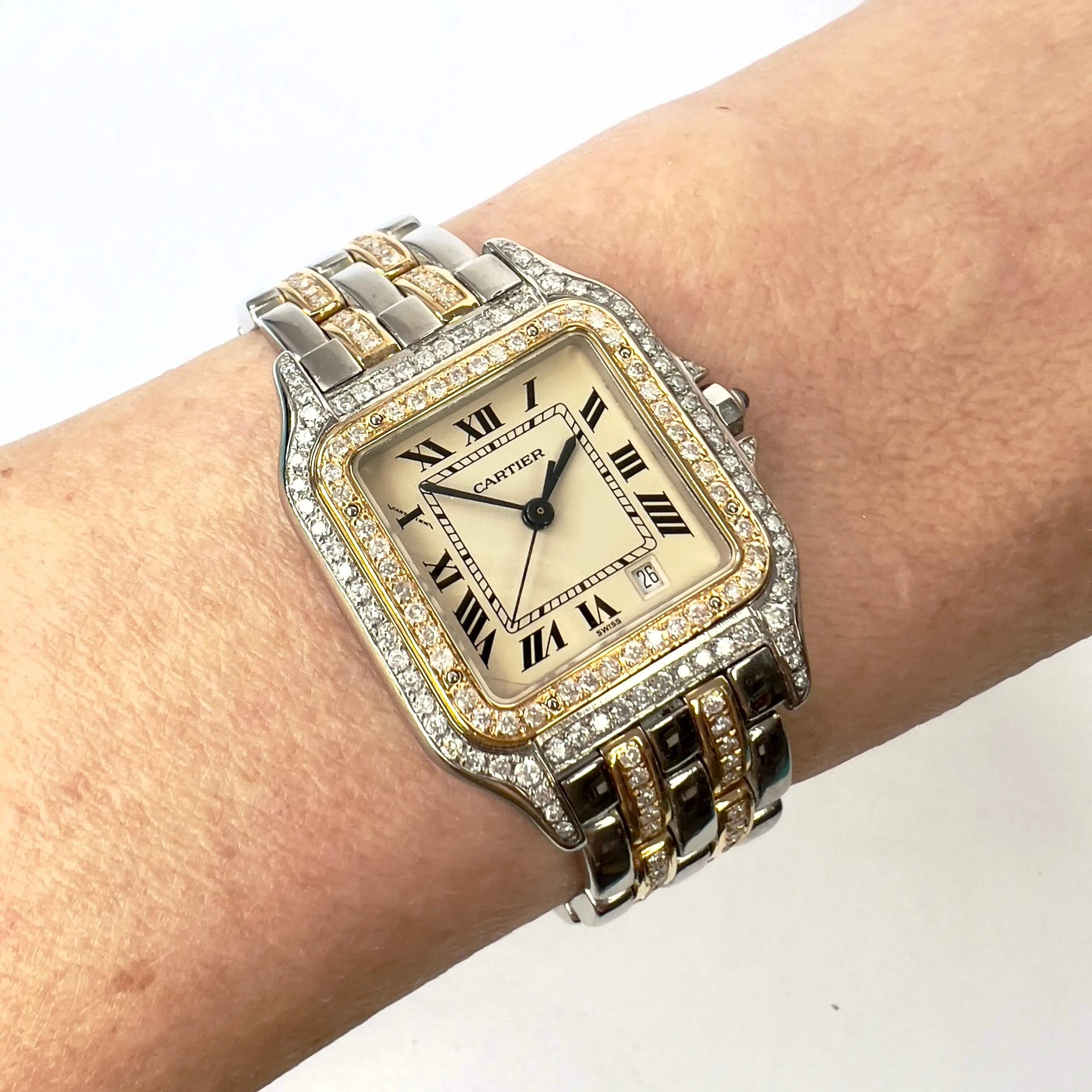 CARTIER PANTHERE 27mm 2 Row Gold Quartz 3.7TCW DIAMOND Watch