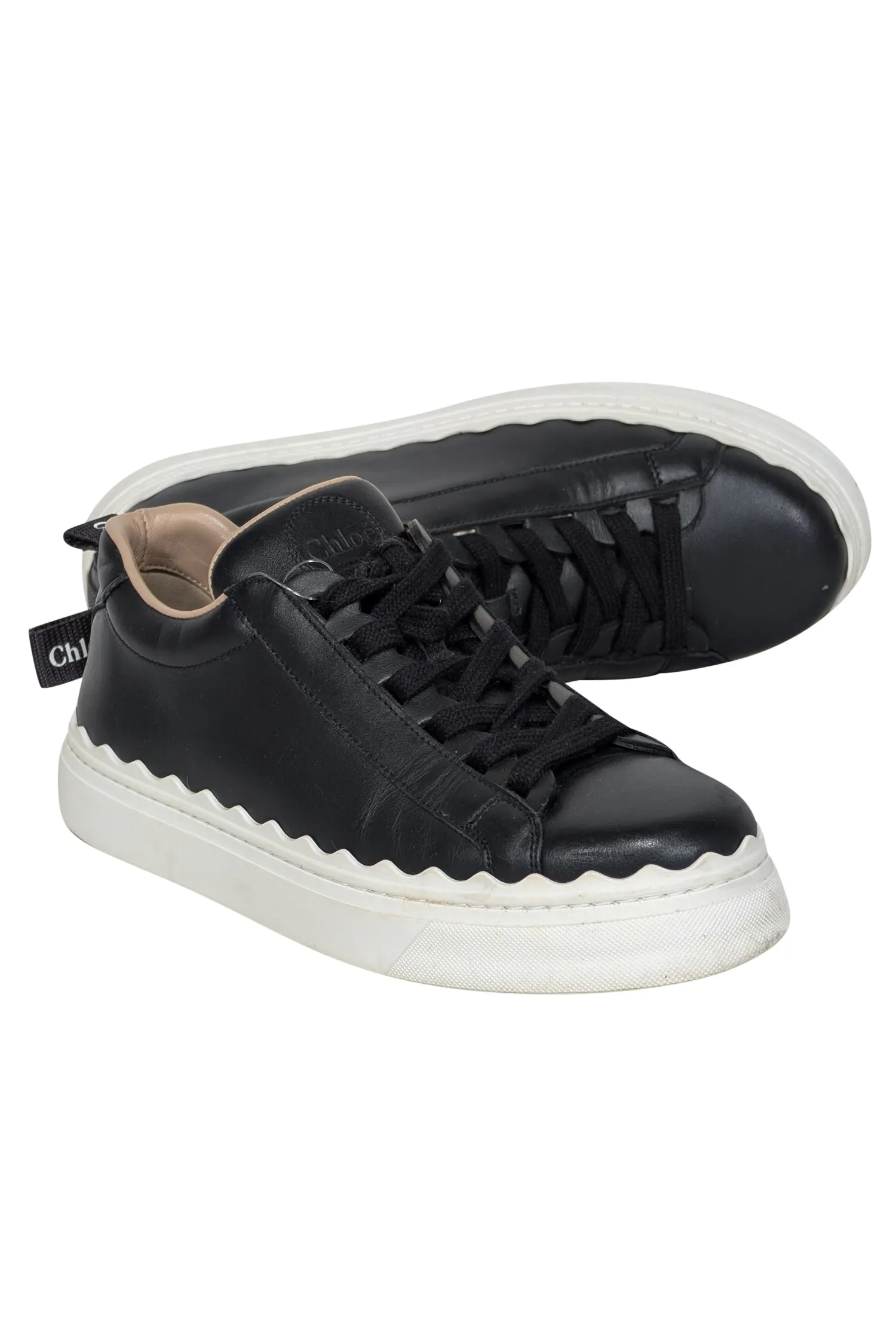 Chloe - Black Leather Sneakers w/ Scallop Trim Sz 7