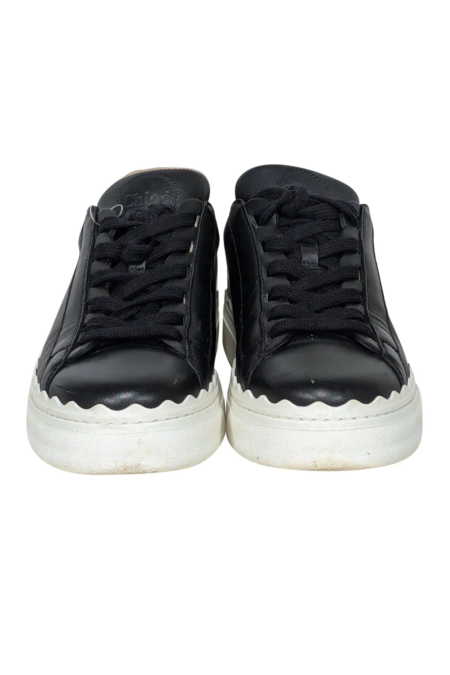 Chloe - Black Leather Sneakers w/ Scallop Trim Sz 7