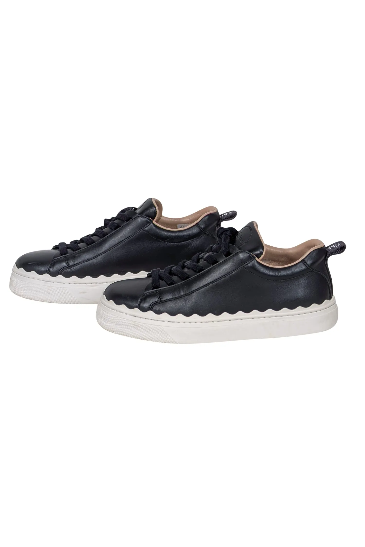 Chloe - Black Leather Sneakers w/ Scallop Trim Sz 7