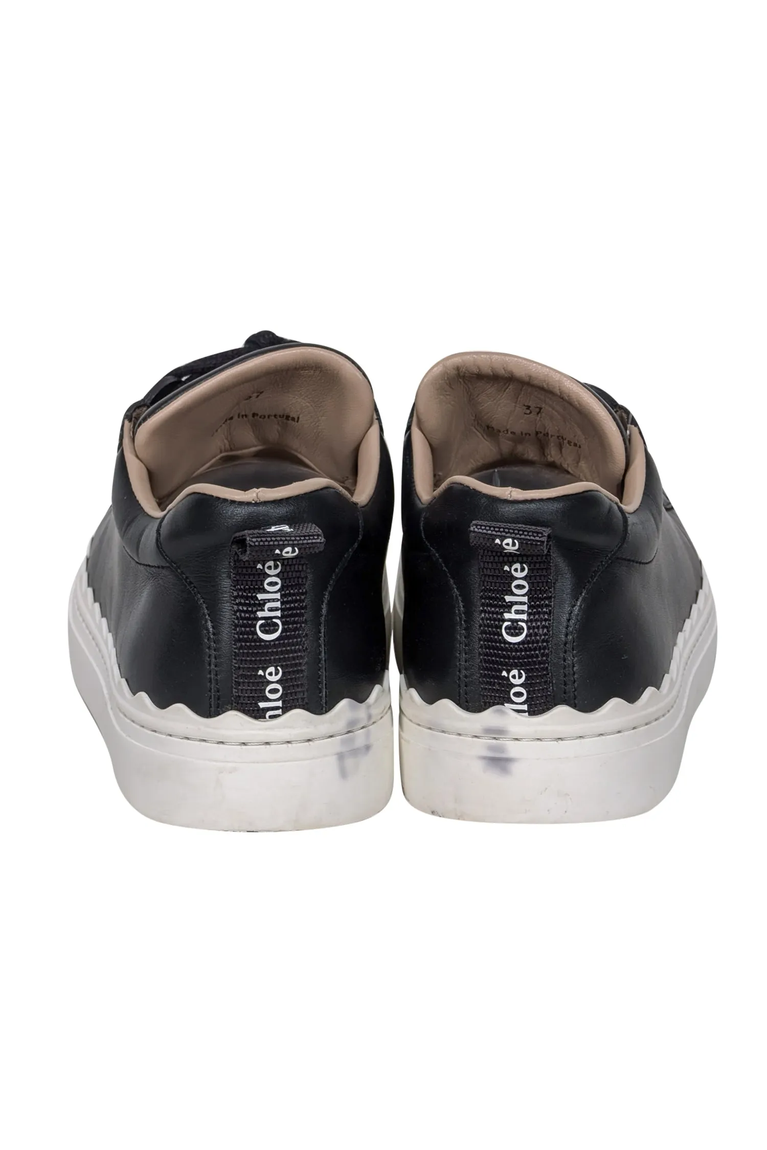 Chloe - Black Leather Sneakers w/ Scallop Trim Sz 7