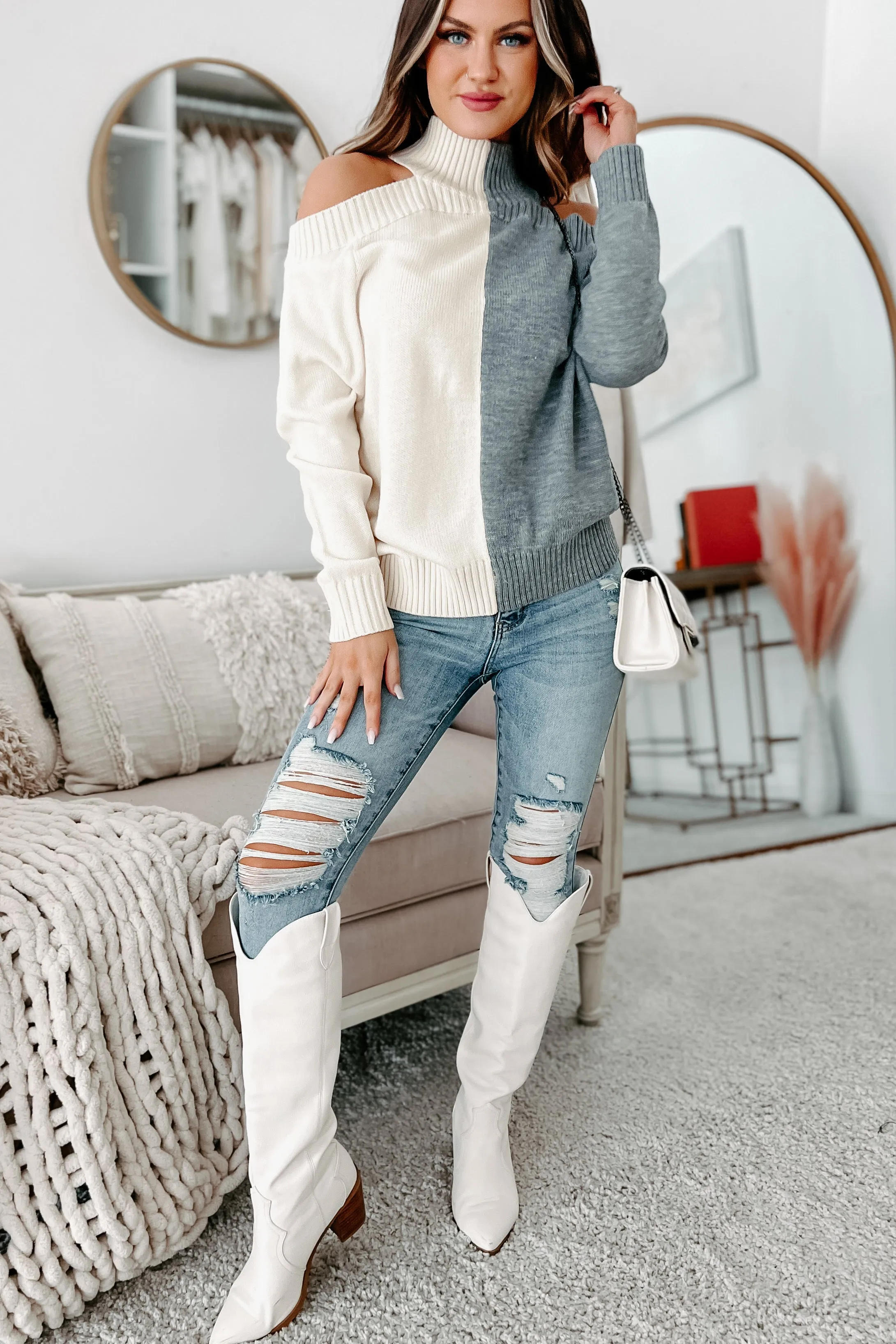 Clear To See Two Tone Cold Shoulder Sweater (Heather Grey)