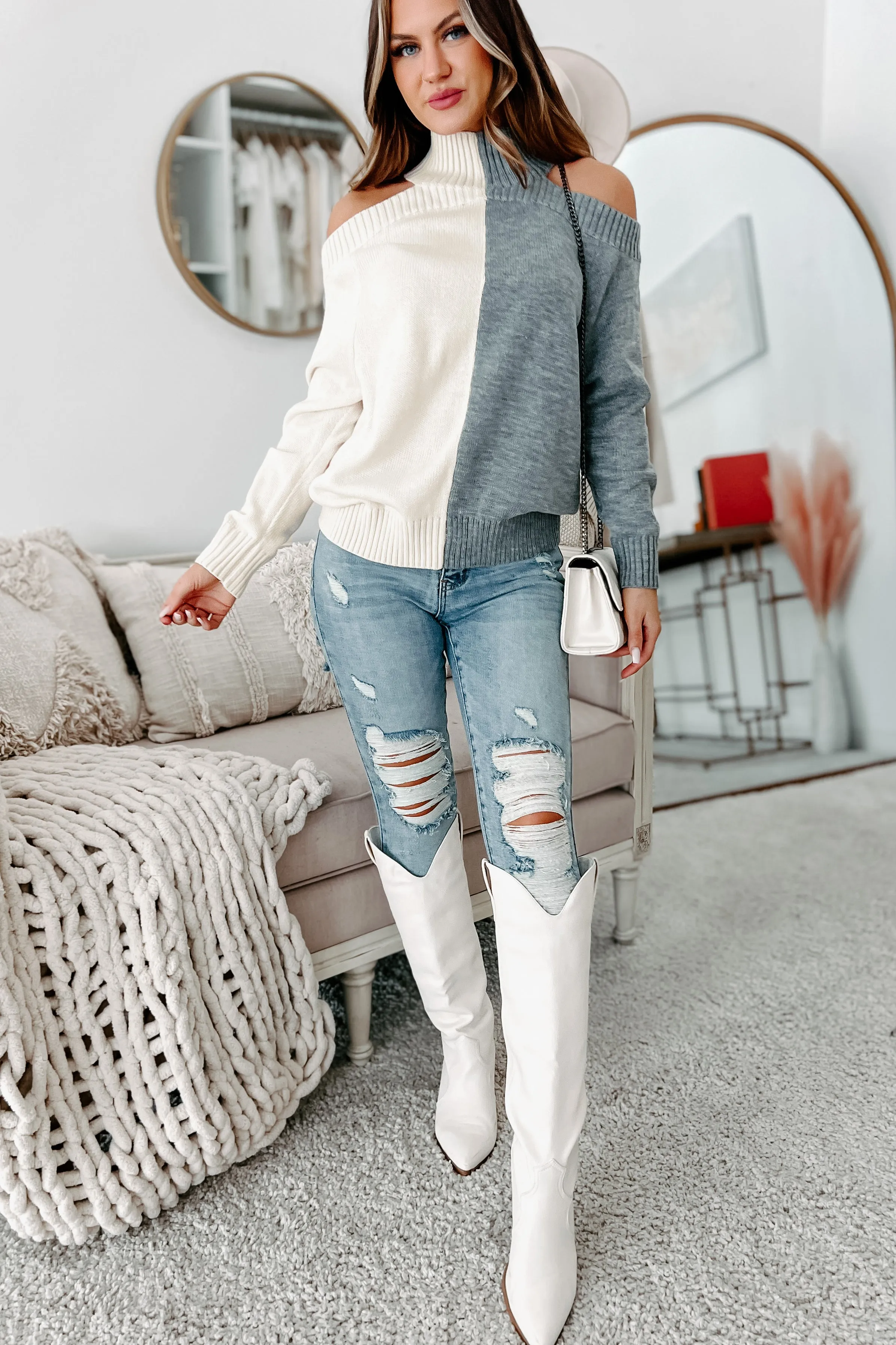 Clear To See Two Tone Cold Shoulder Sweater (Heather Grey)