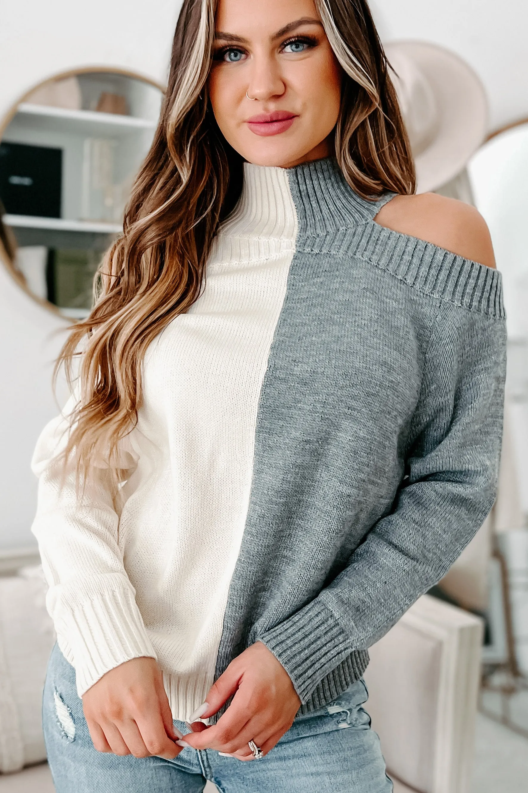 Clear To See Two Tone Cold Shoulder Sweater (Heather Grey)