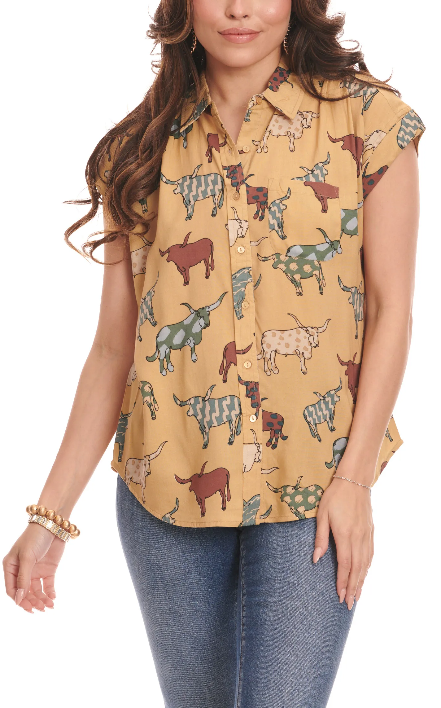 Cotton & Rye Women's Antique Gold Multi-Color Artsy Longhorn Print Cap Sleeve Top 