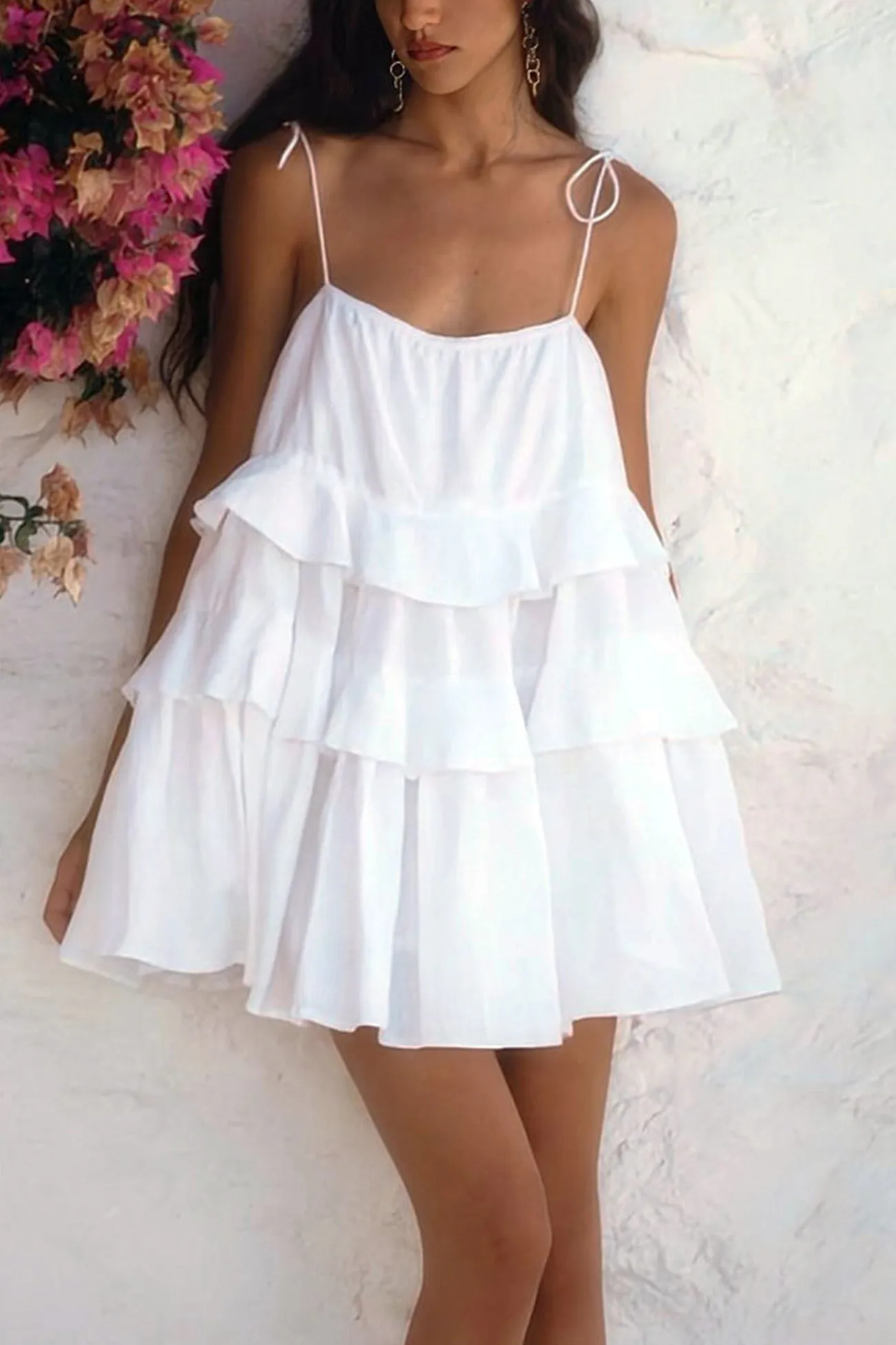 Cotton Tie-straps Tiered Cami Babydoll Dress