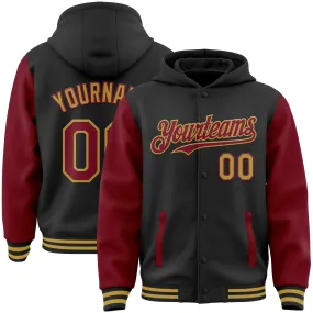 Custom Black Crimson-Old Gold Bomber Full-Snap Varsity Letterman Two Tone Hoodie Jacket