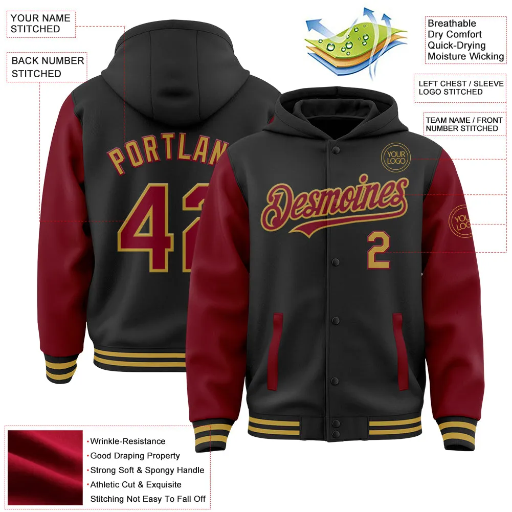 Custom Black Crimson-Old Gold Bomber Full-Snap Varsity Letterman Two Tone Hoodie Jacket