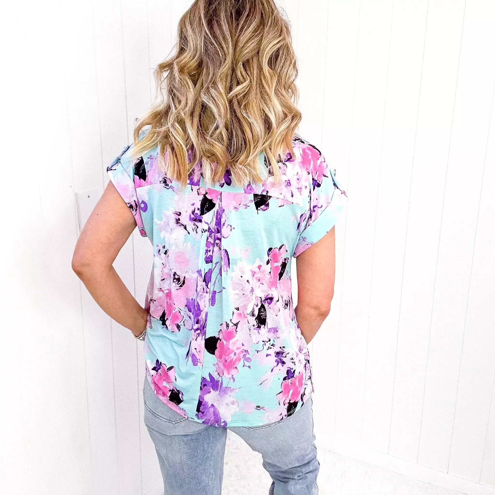 Dear Scarlett Lizzy Cap Sleeve Top in Lavender and Sky Floral