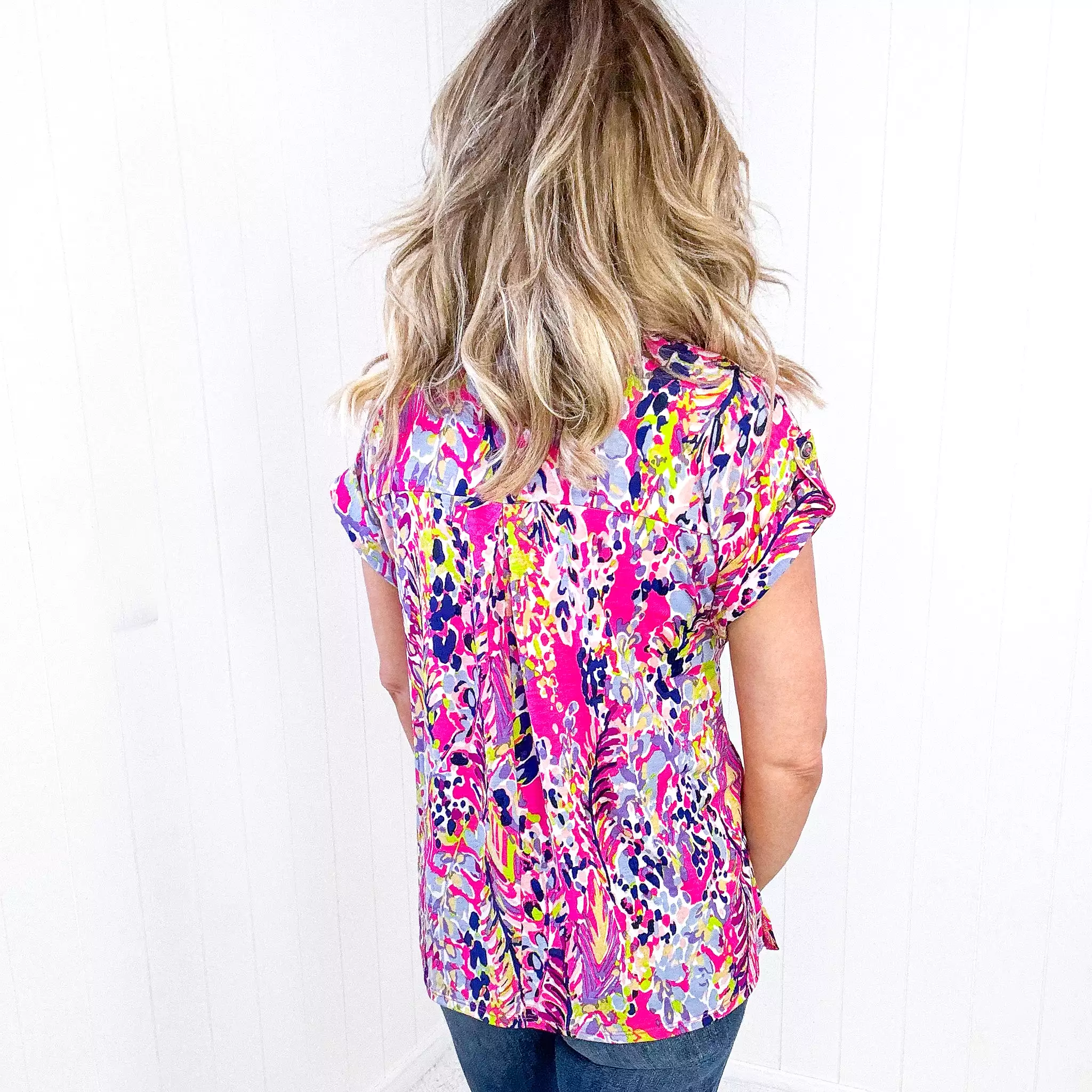 Dear Scarlett Lizzy Cap Sleeve Top in Pink Abstract Floral