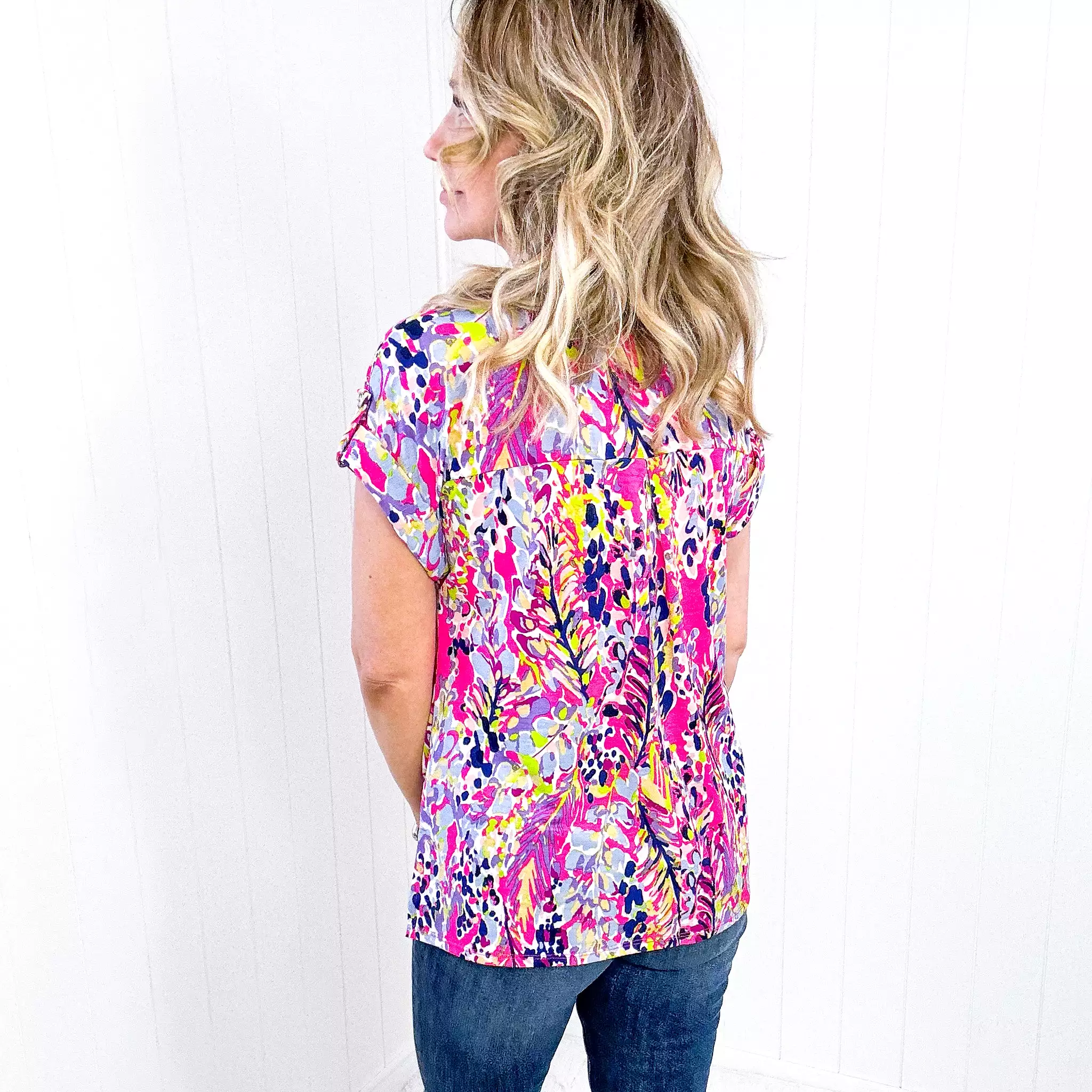 Dear Scarlett Lizzy Cap Sleeve Top in Pink Abstract Floral