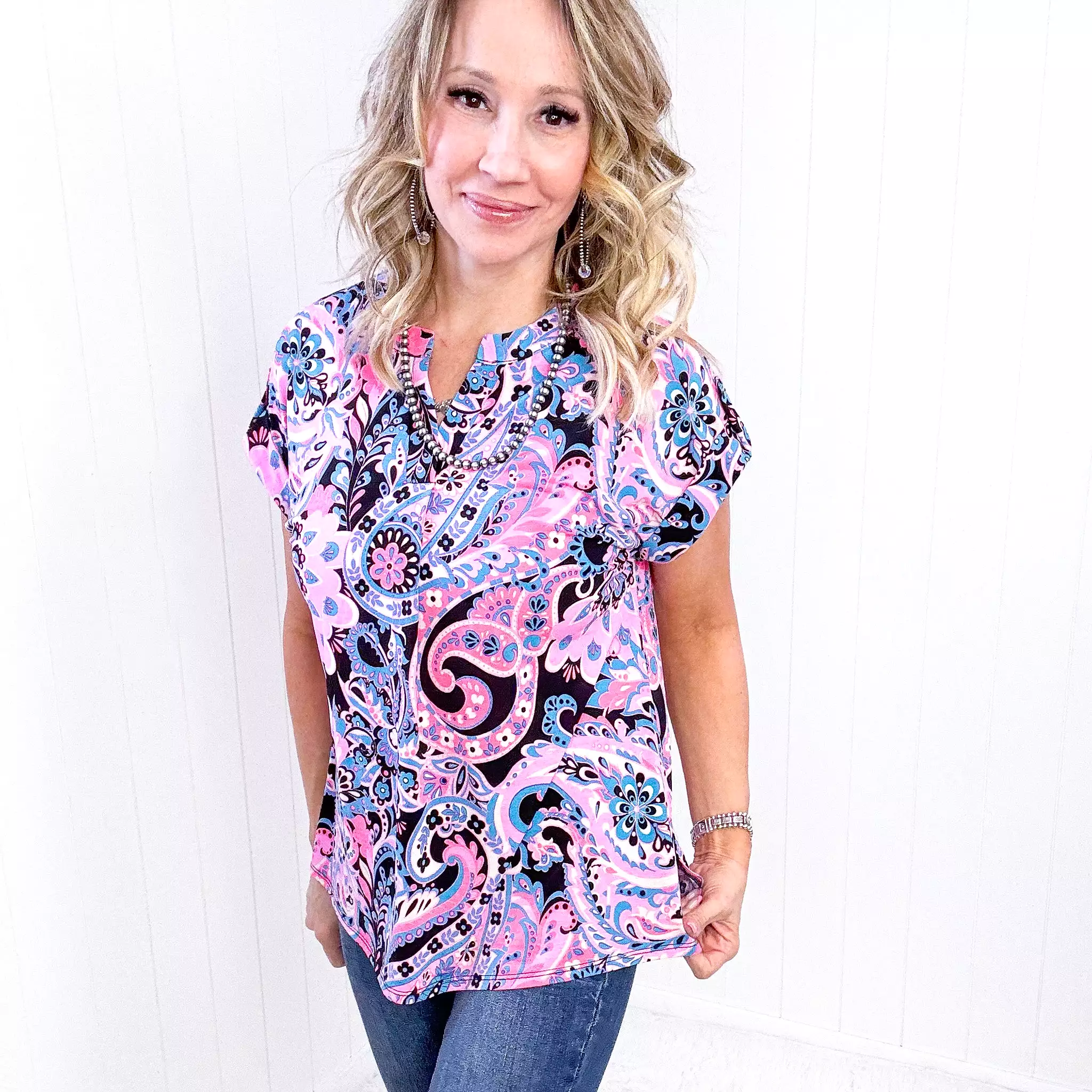 Dear Scarlett Lizzy Cap Sleeve Top in Pink and Black Paisley