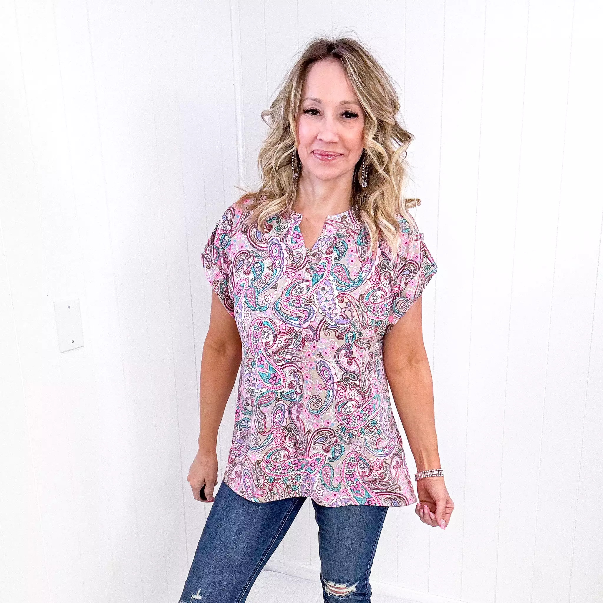 Dear Scarlett Lizzy Cap Sleeve Top in Pink Multi Paisley