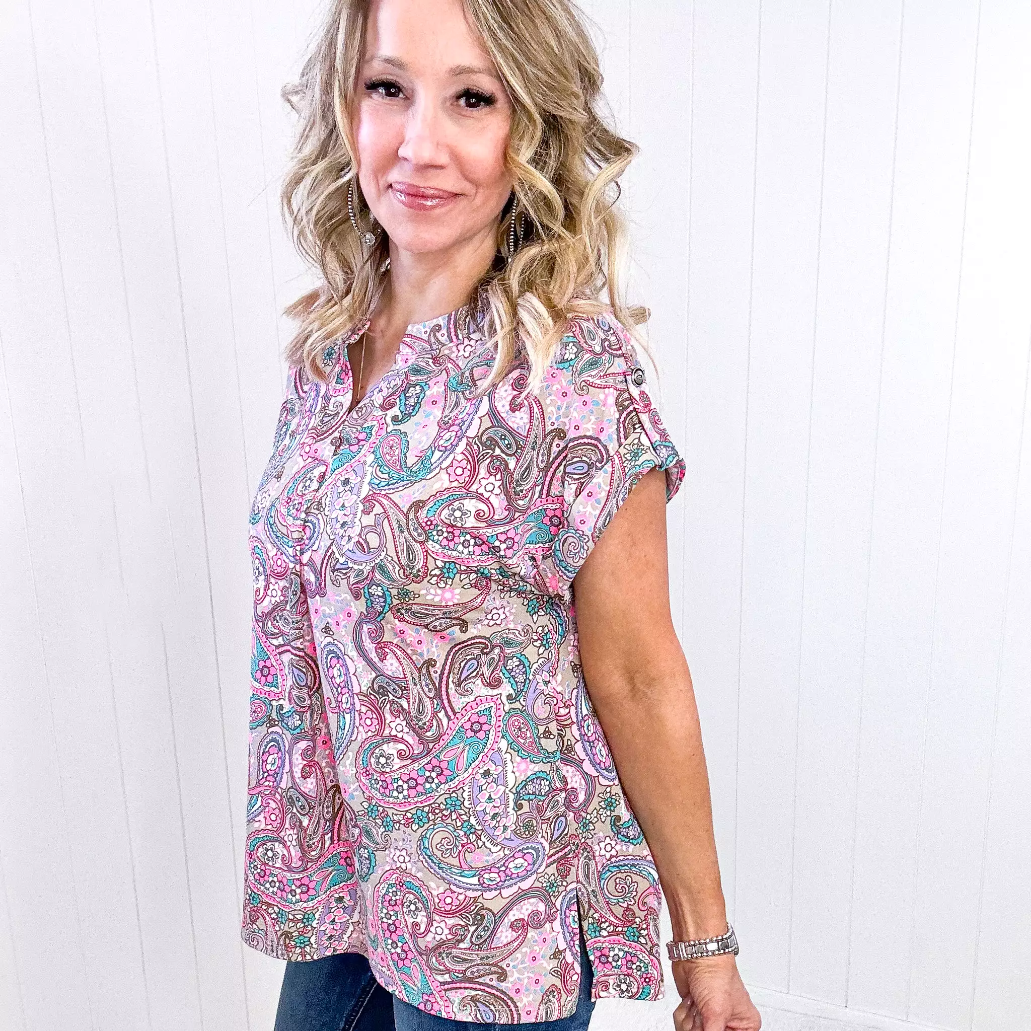 Dear Scarlett Lizzy Cap Sleeve Top in Pink Multi Paisley