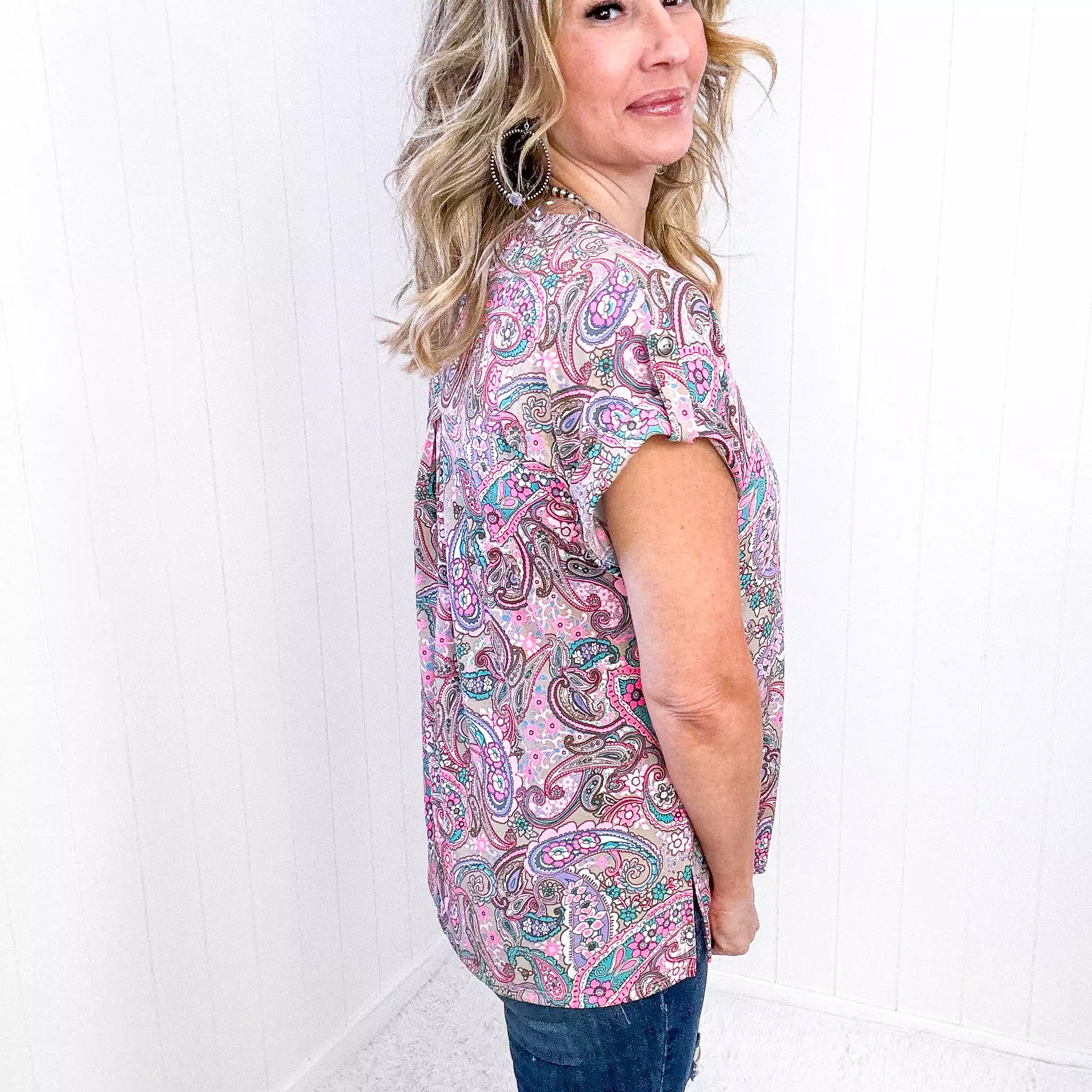 Dear Scarlett Lizzy Cap Sleeve Top in Pink Multi Paisley