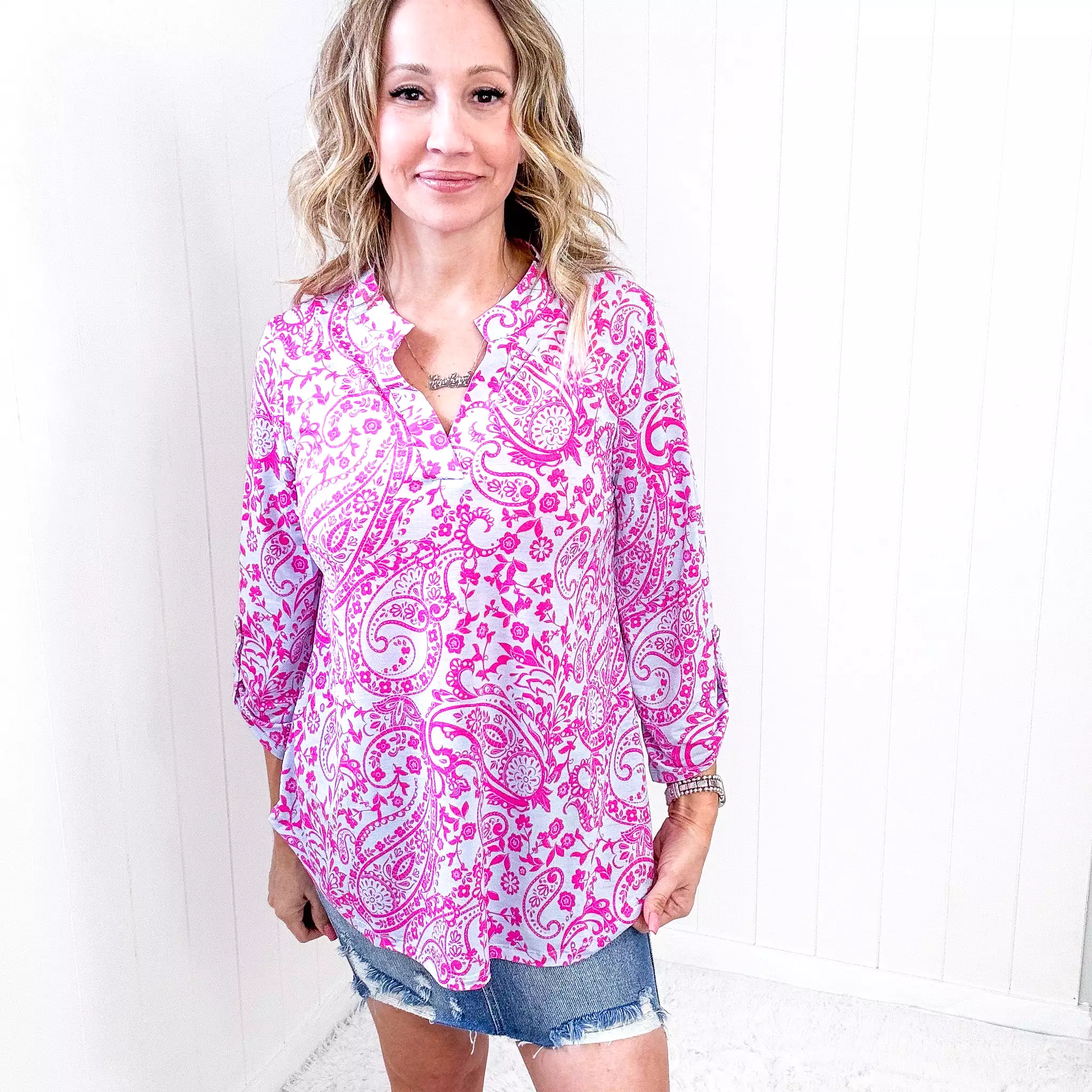 Dear Scarlett Lizzy Top in Blue and Pink Paisley