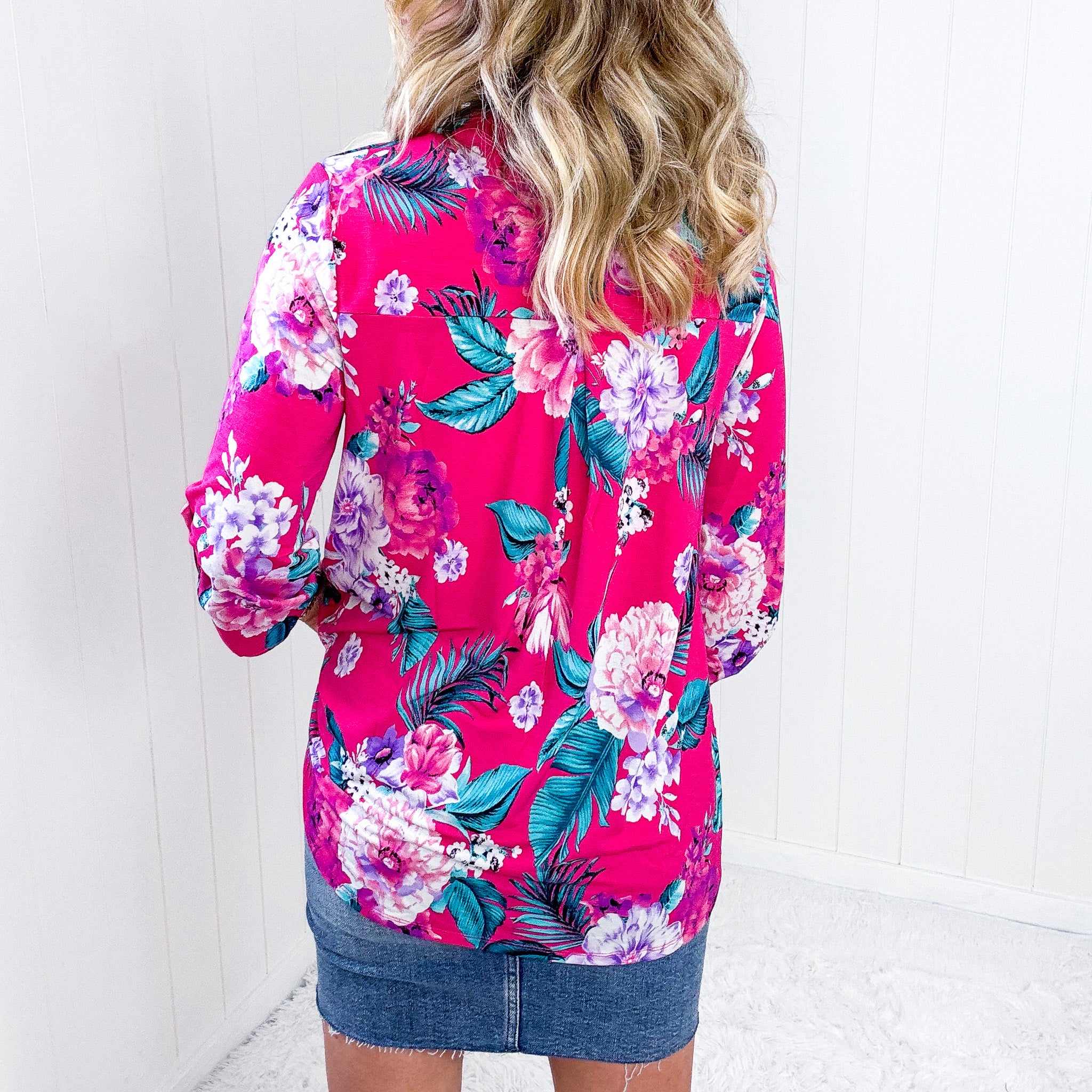 Dear Scarlett Lizzy Top in Magenta and Teal Tropical Floral