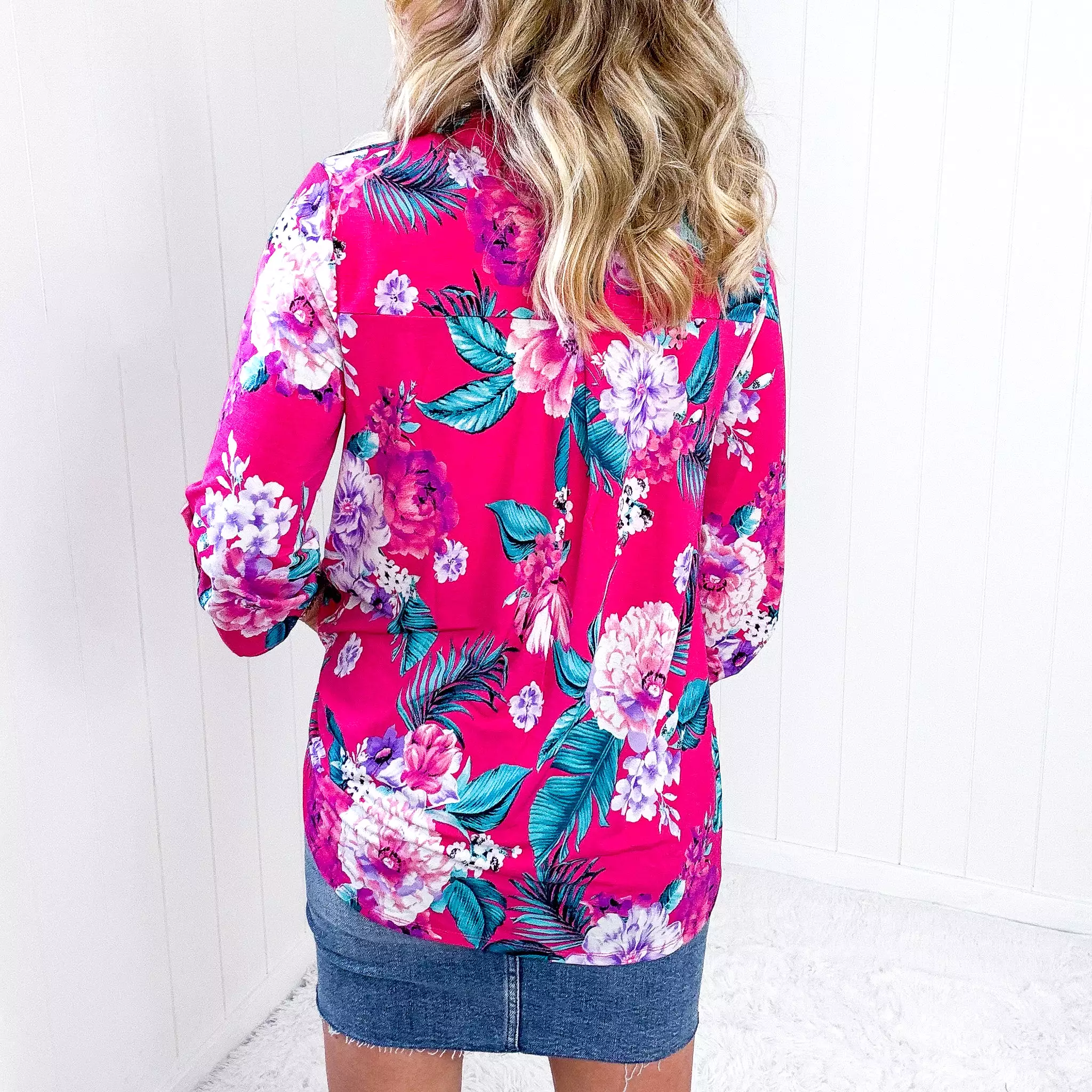 Dear Scarlett Lizzy Top in Magenta and Teal Tropical Floral