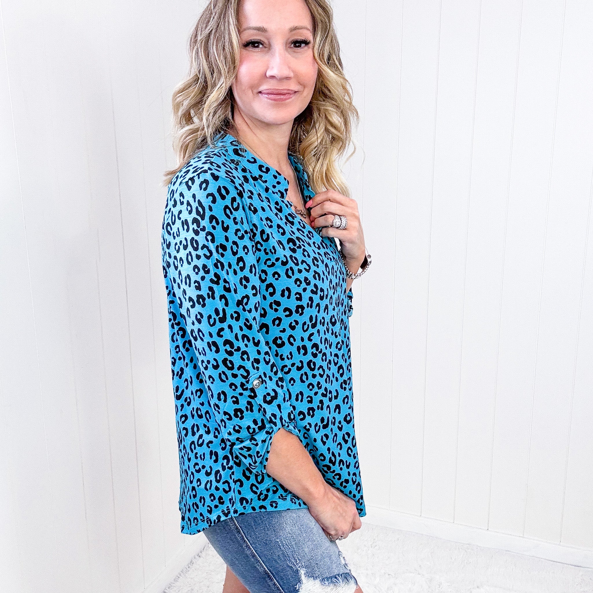 Dear Scarlett Lizzy Top in Teal Leopard Print