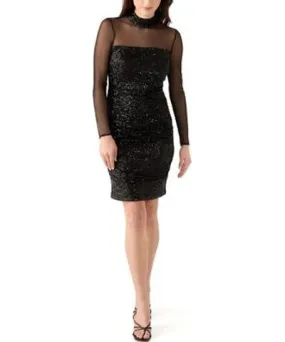 Eliza J Women's Long Sleeve Mesh Mock Neck Sequin Sheath Dress