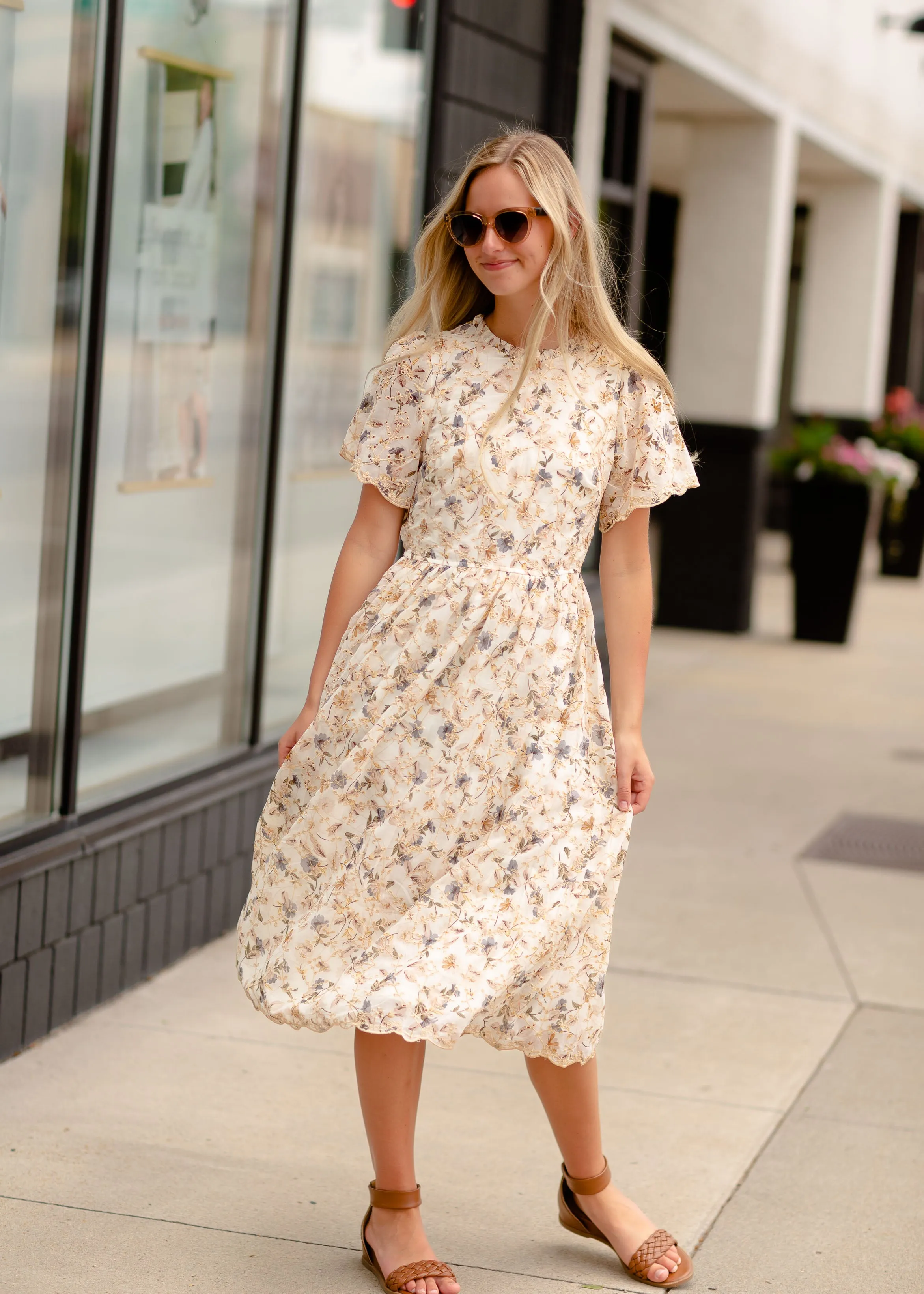 Eyelet Floral Print Midi Dress