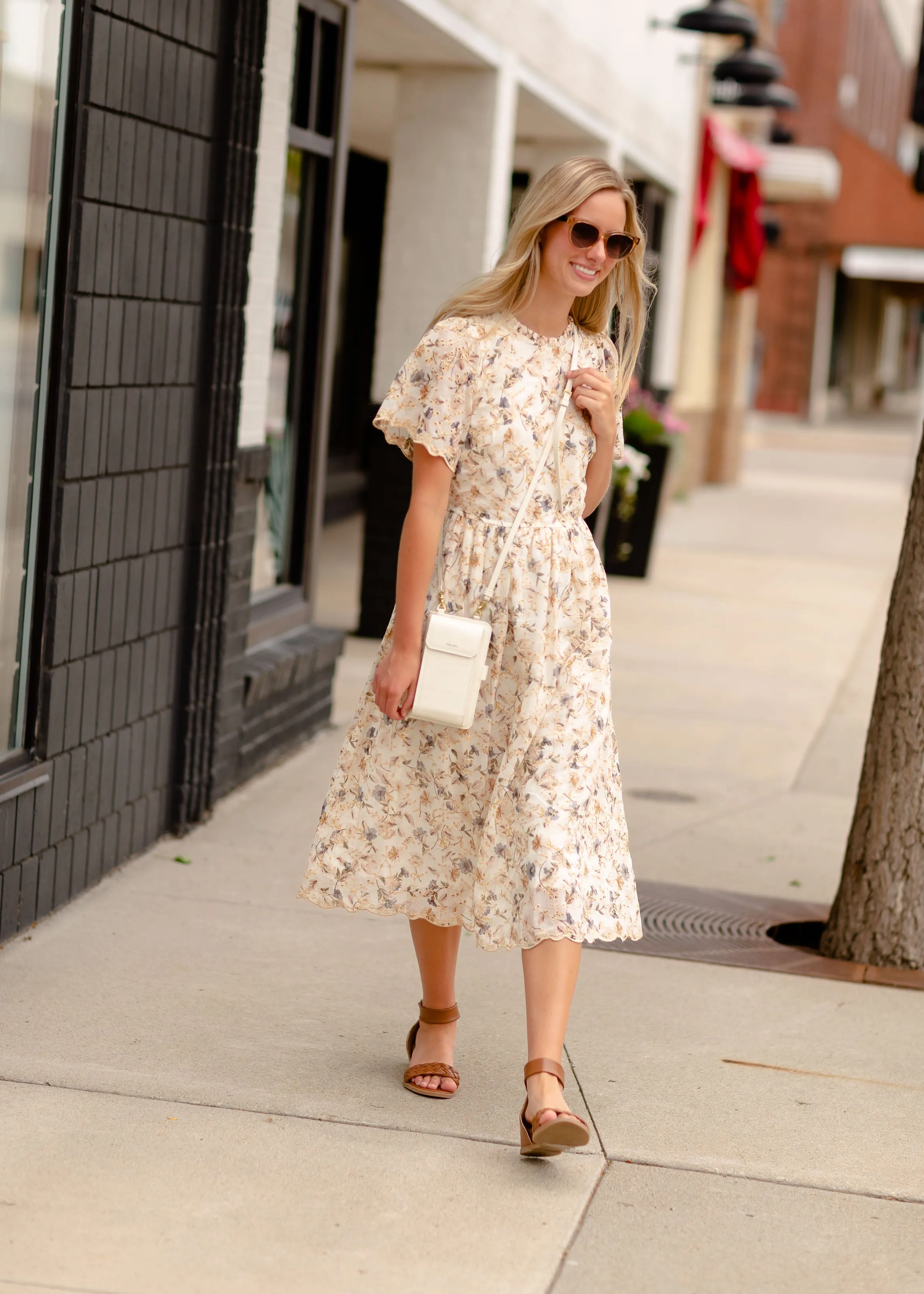 Eyelet Floral Print Midi Dress