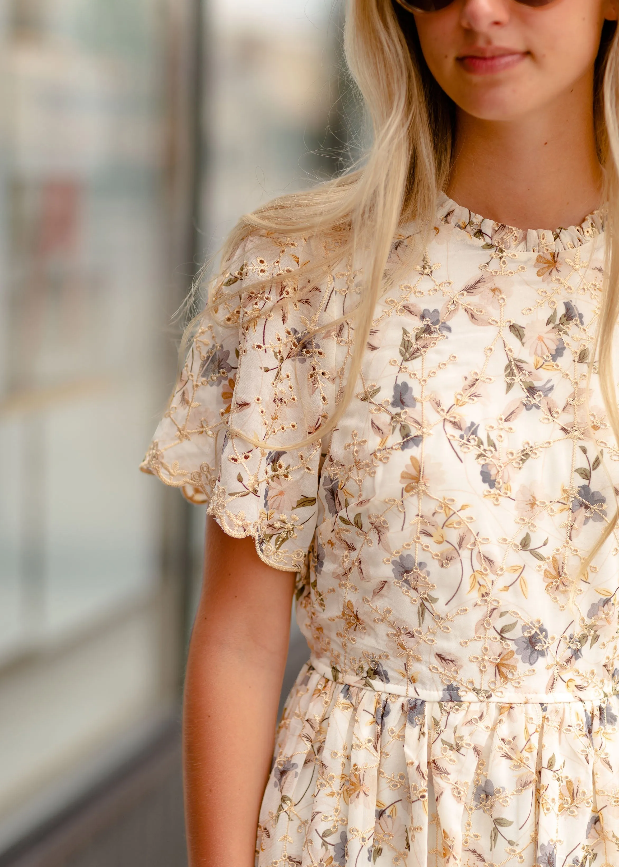 Eyelet Floral Print Midi Dress