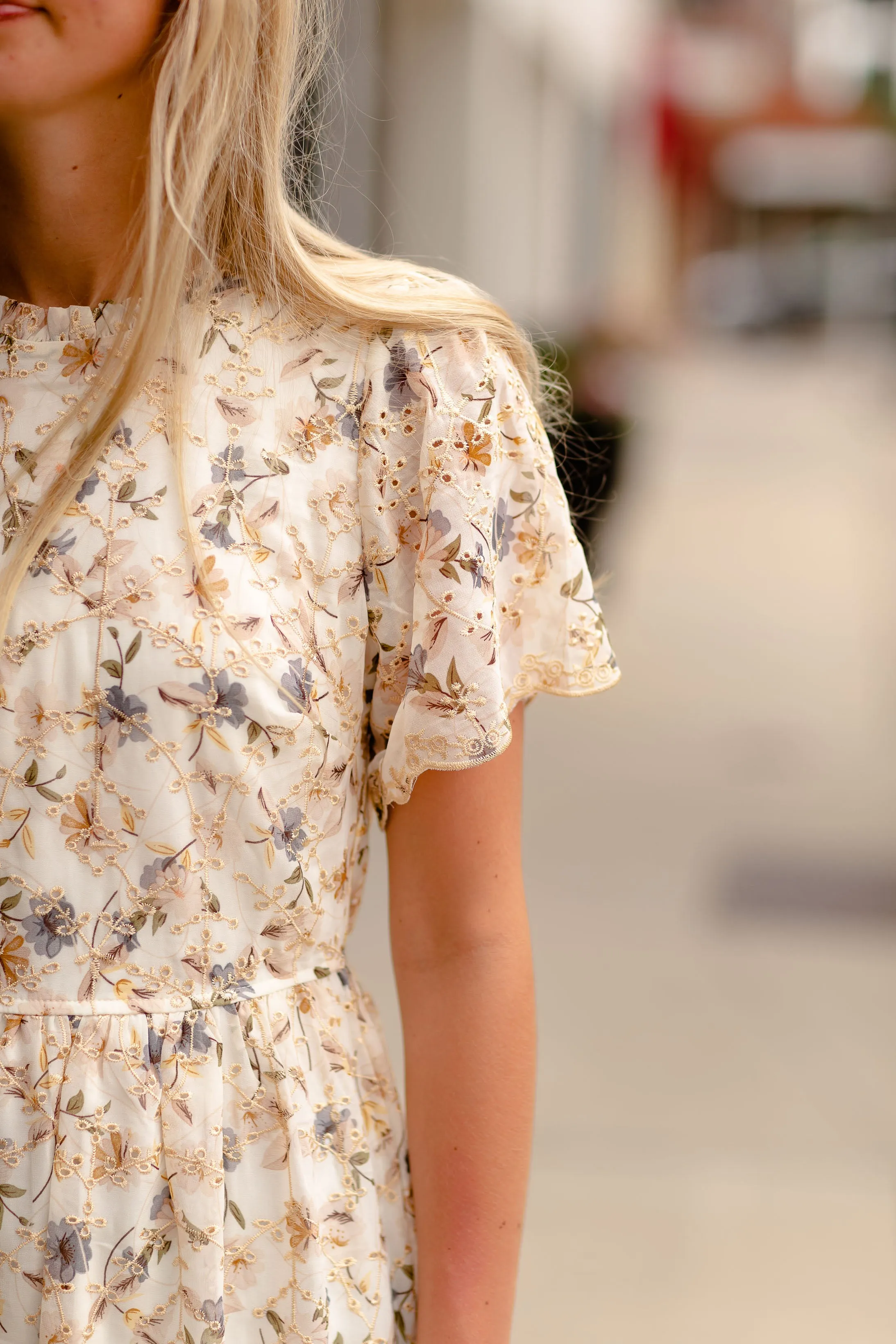 Eyelet Floral Print Midi Dress