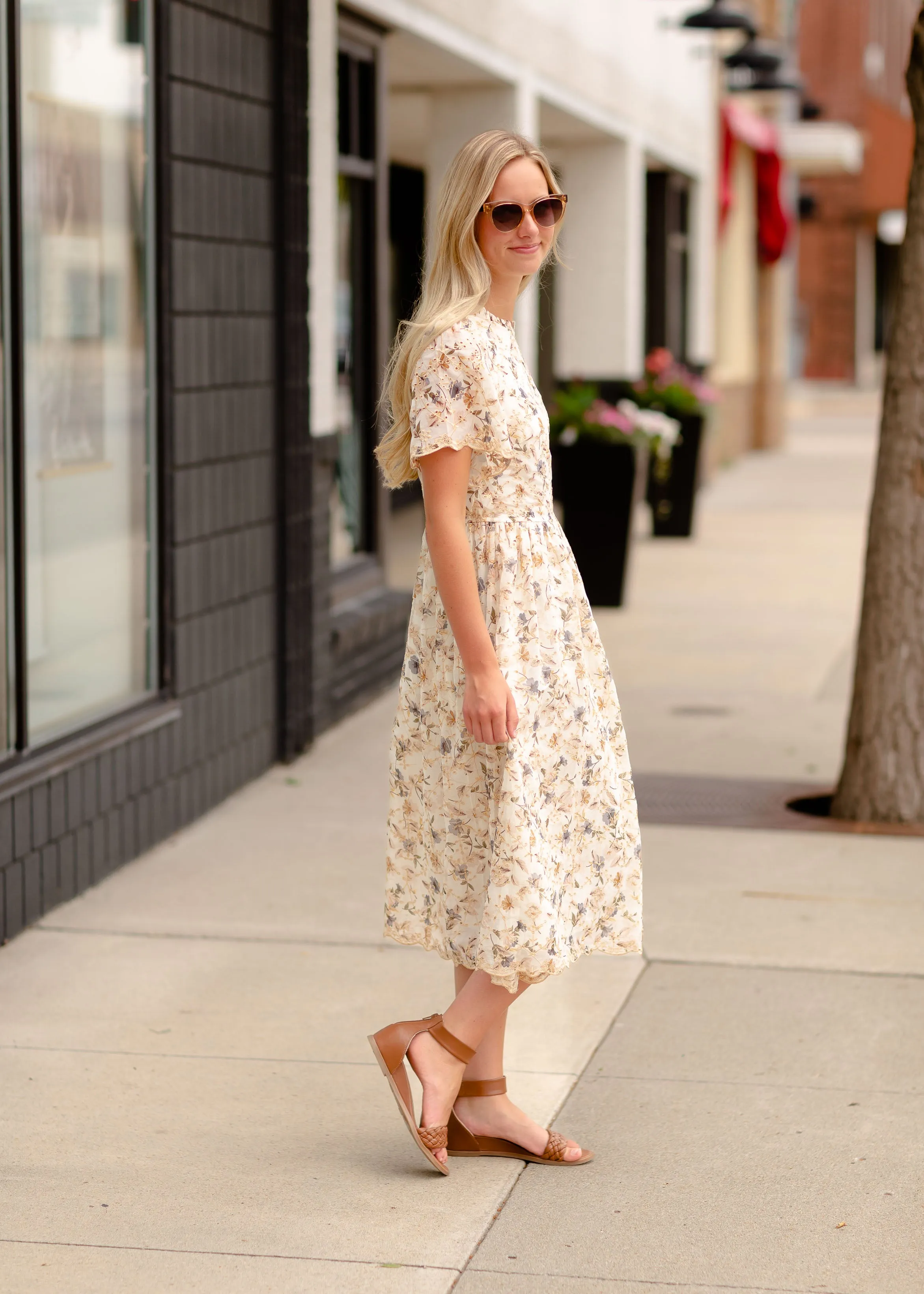 Eyelet Floral Print Midi Dress