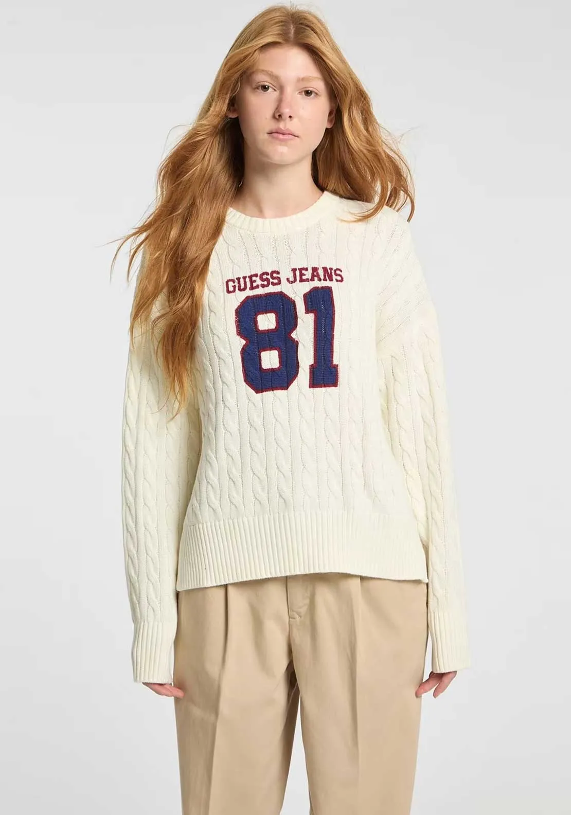 Guess Jeans Varsity Cable Knit Jumper, Cream