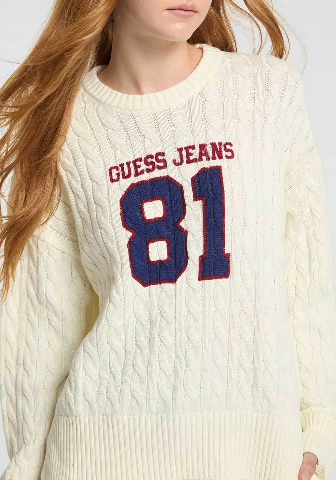 Guess Jeans Varsity Cable Knit Jumper, Cream