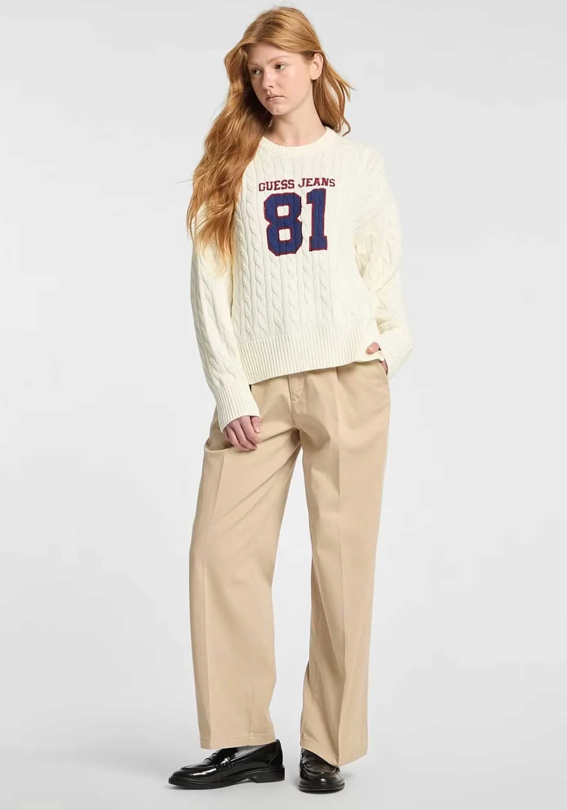 Guess Jeans Varsity Cable Knit Jumper, Cream