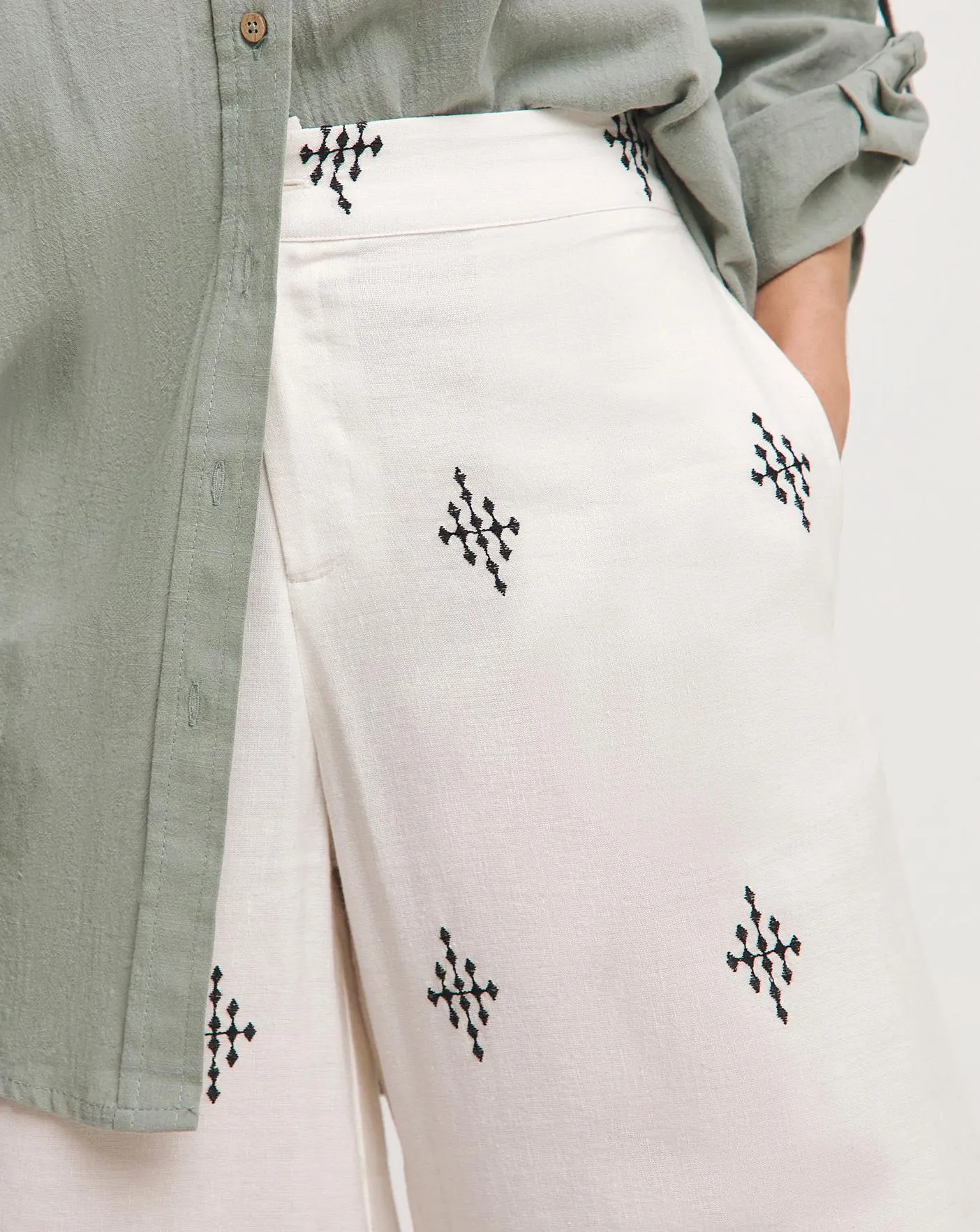 Ivory Embroidered Cotton Mix Culottes