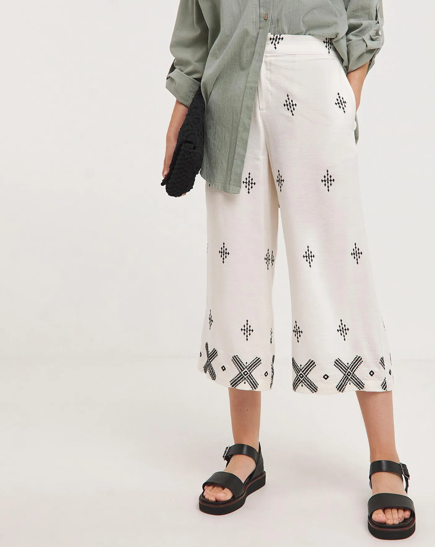 Ivory Embroidered Cotton Mix Culottes