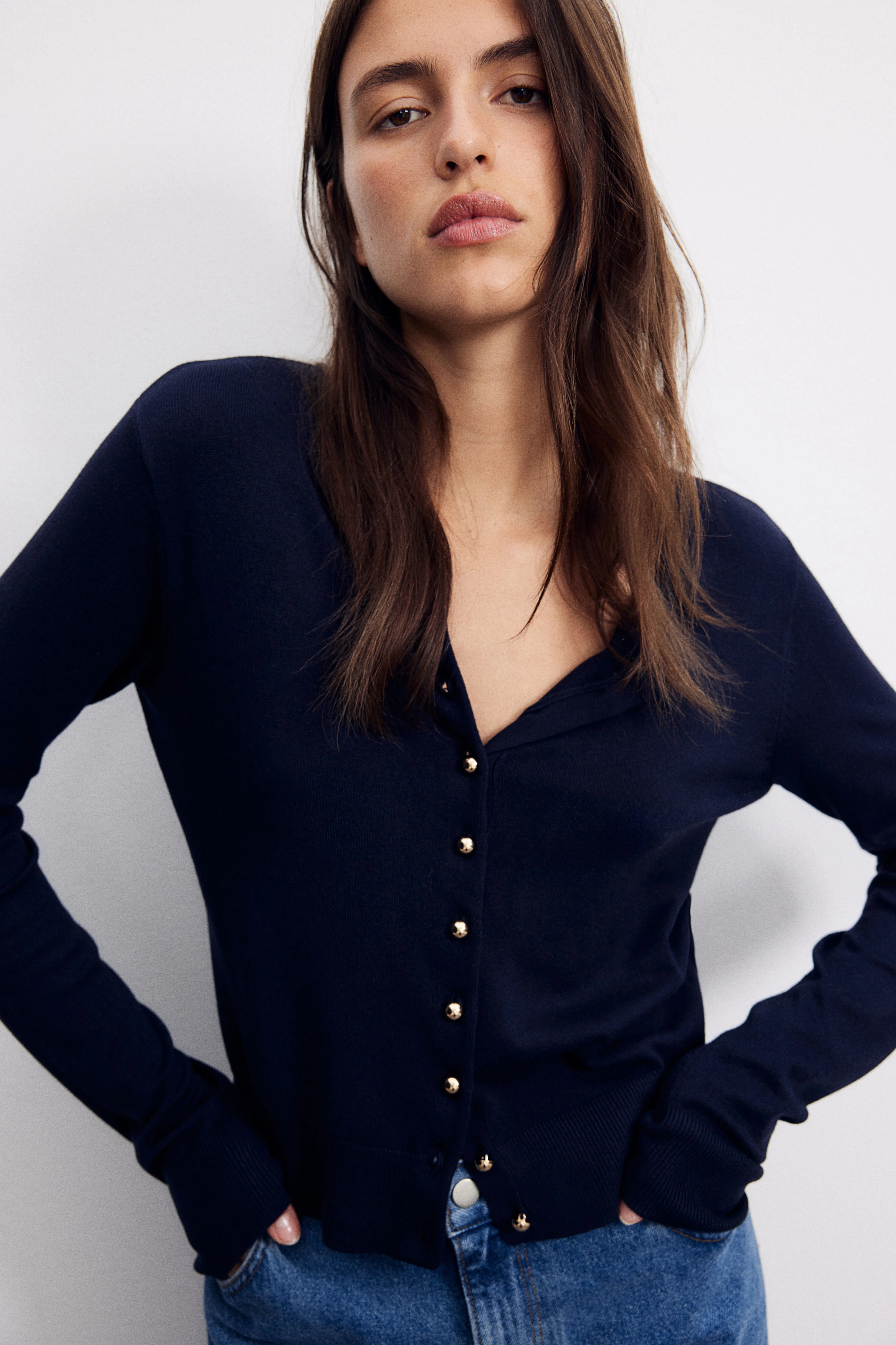 Knitted cardigan - Round neck - Long sleeve - Navy blue - Ladies | H&M GB